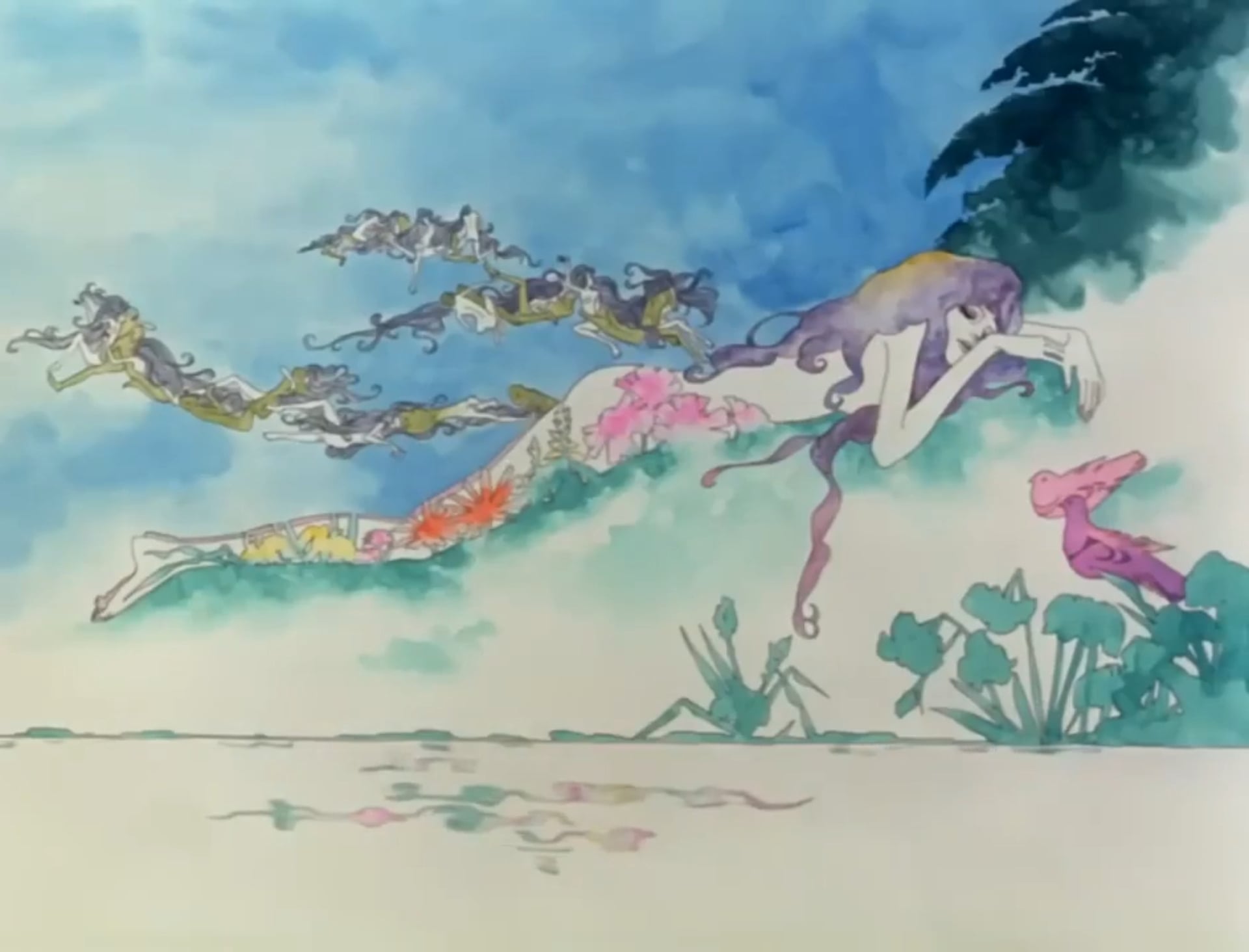 Belladonna Of Sadness illustration of Jeanne lounging in the clouds.