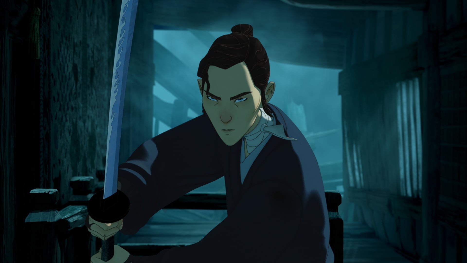 Blue Eye Samurai still of Mizu weilding her sword.