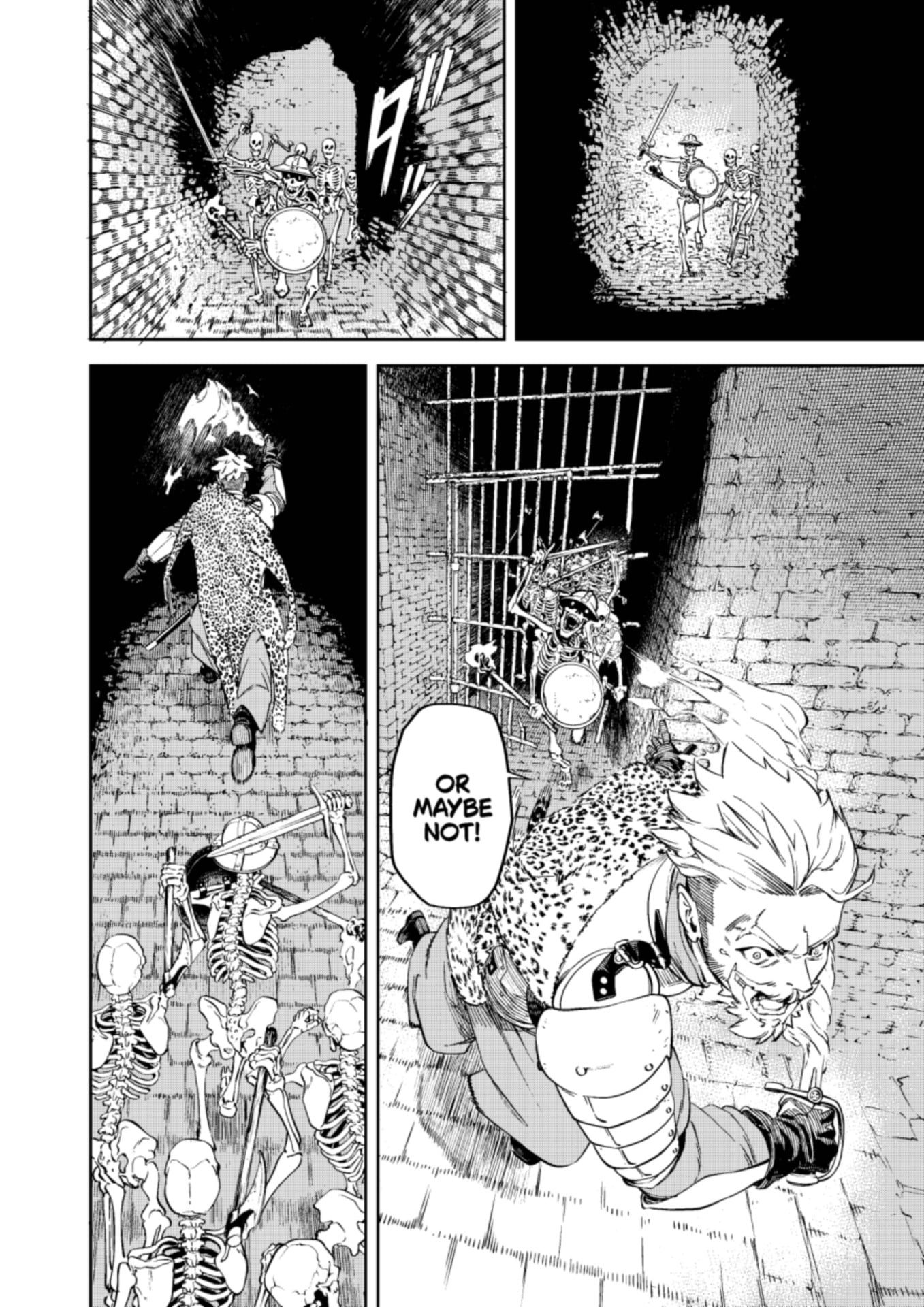Brain Alive manga page of Daniel running away from a skeleton army.
