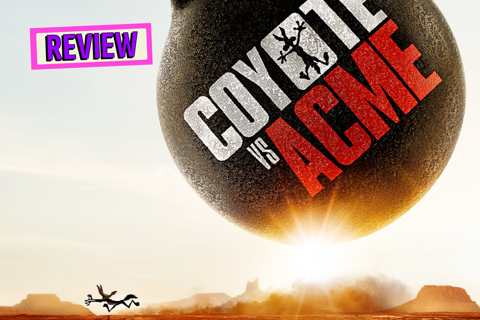 Coyote Vs Acme key visual of WIle E. Coyote running away from a giant bomb.