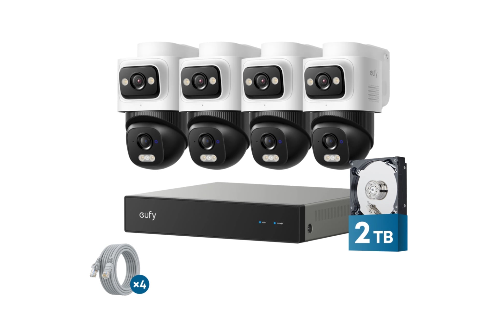 Four E50 cameras pictured with the NVR box (a flat, grey and black, rectangular device), rolled up ethernet cable with "4x" superimposed on it, and a hard drive with "2TB" superimposed on it.
