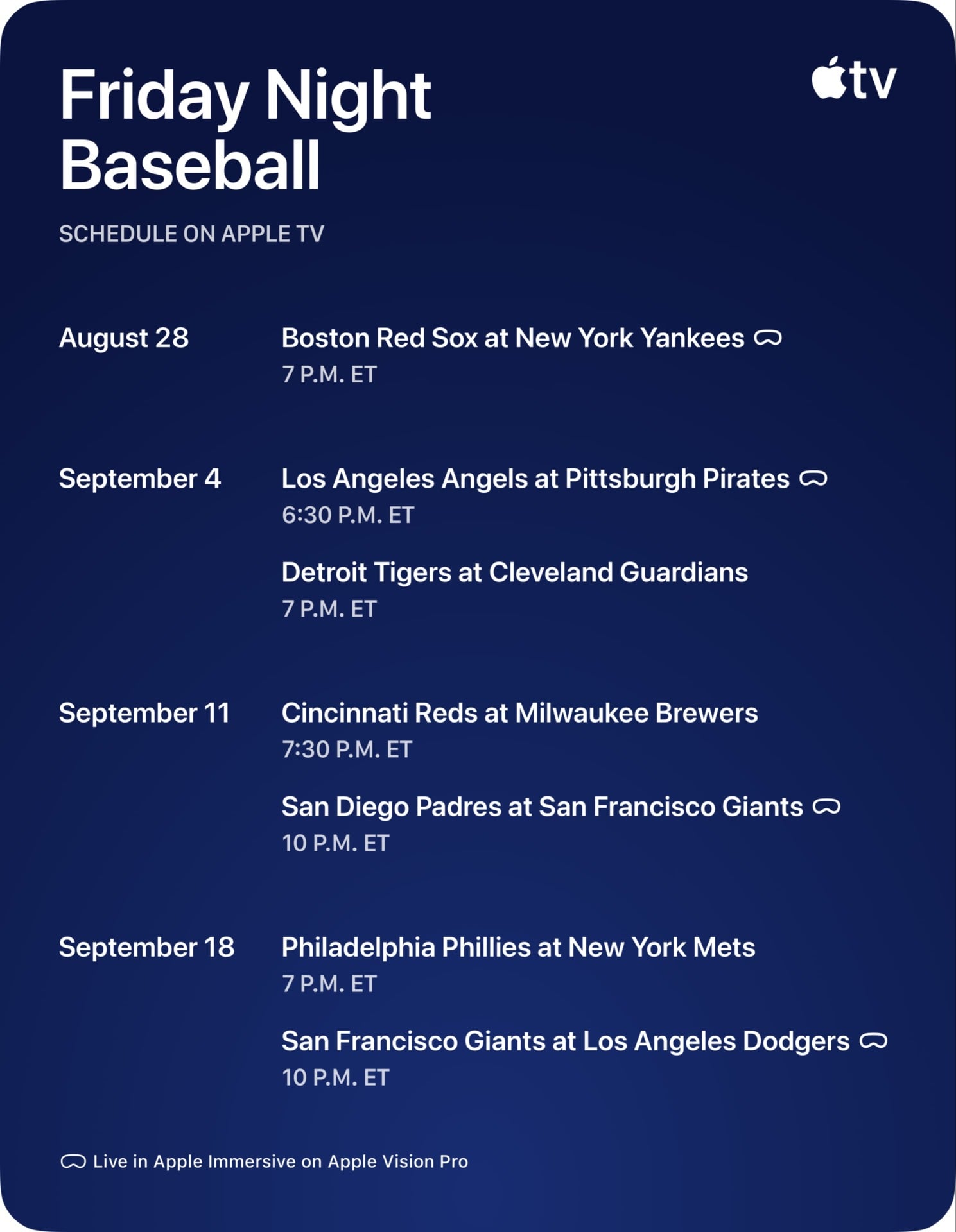 Friday Night Baseball Live In Apple Immersive Schedule