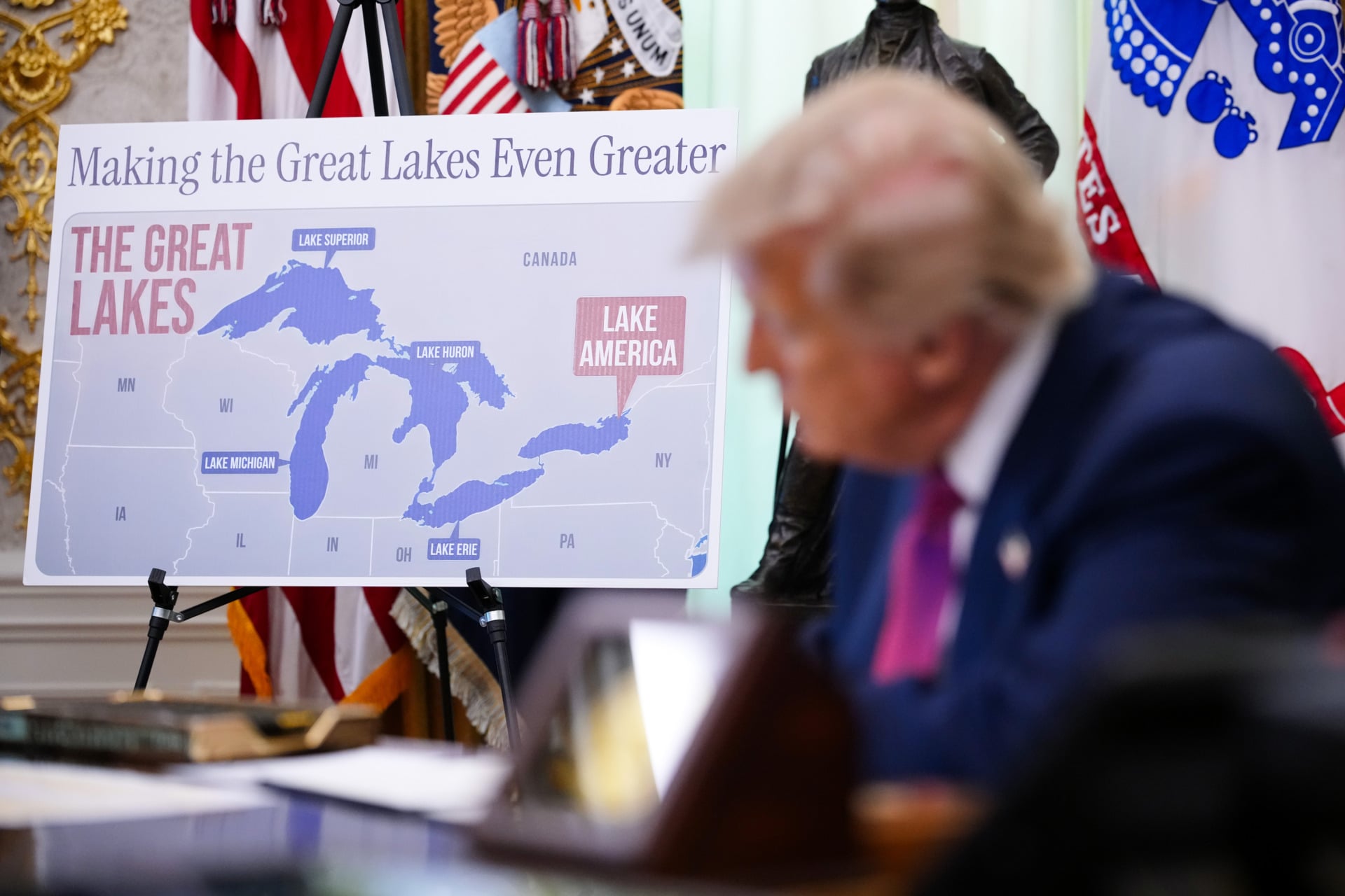 President Trump at the Oval Office press conference, unveiling his decision to rename "Lake America."