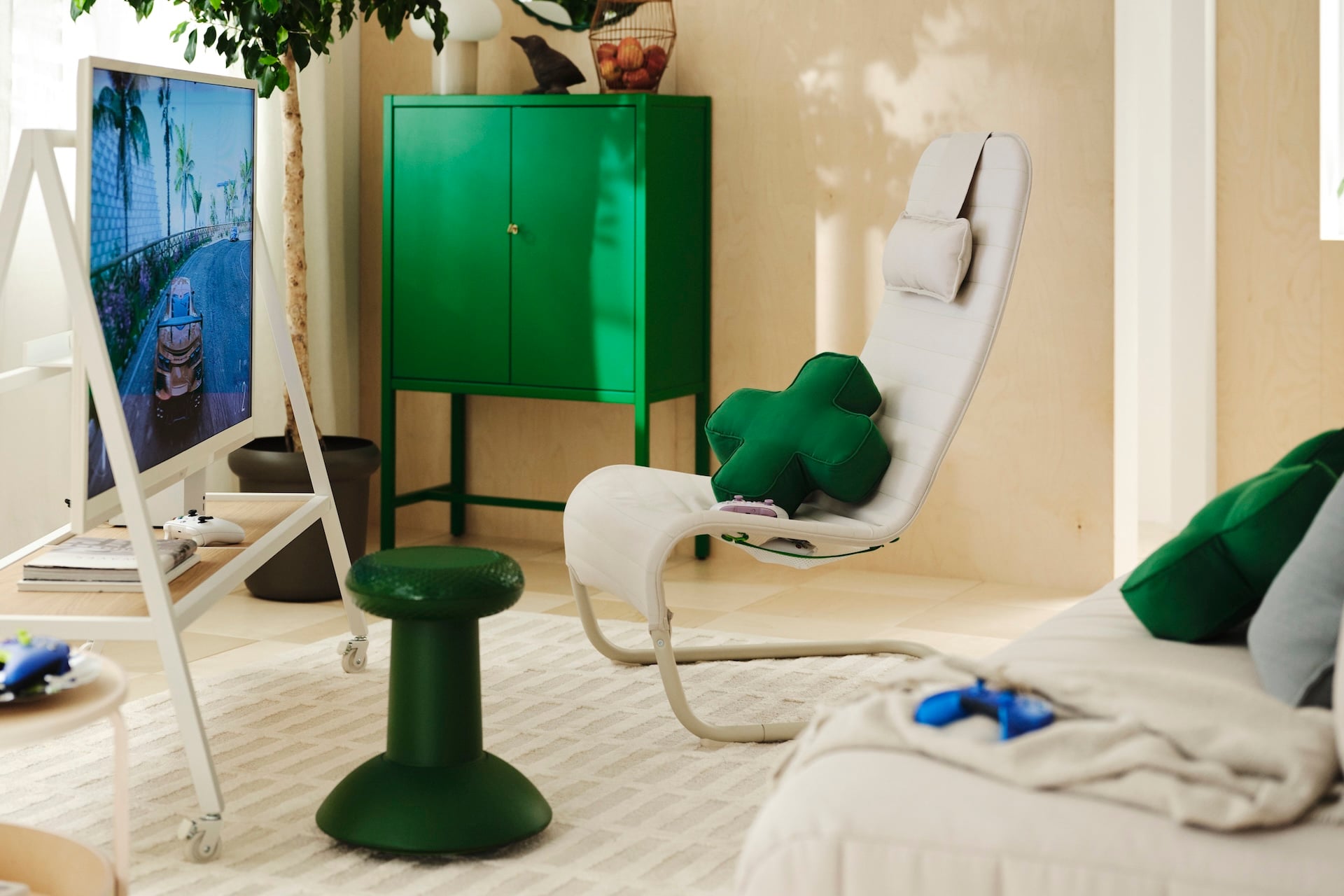 Ikea Yxstaby Gaming Furniture arrayed in a living room settings howing a stool, chair, and tv stand
