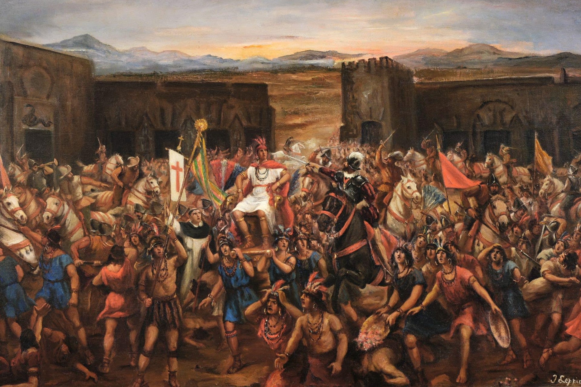 An oil painting depicting the capture of Atahualpa, whose predecessor was likely killed by smallpox introduced by the Spanish.