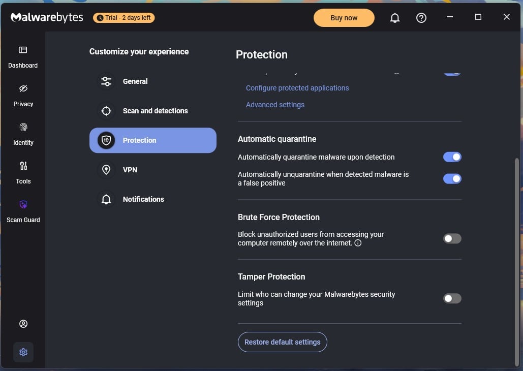 Malwarebytes Options 2