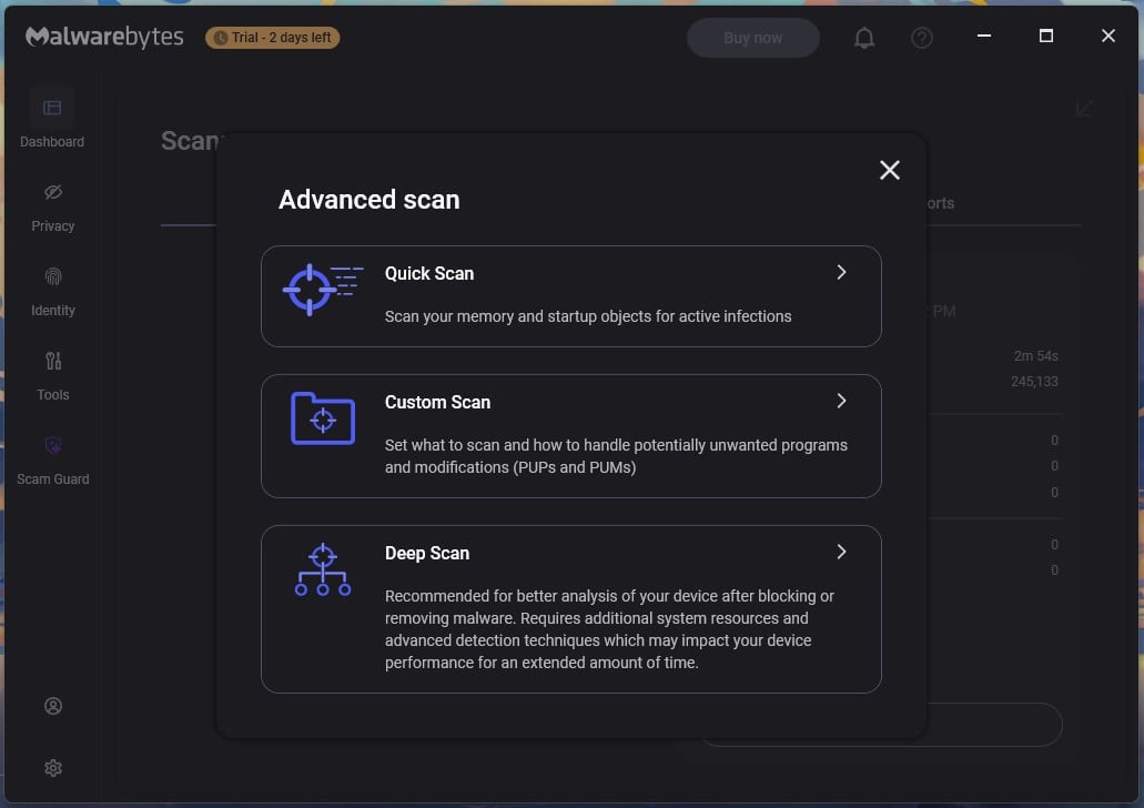 Malwarebytes Scan Types