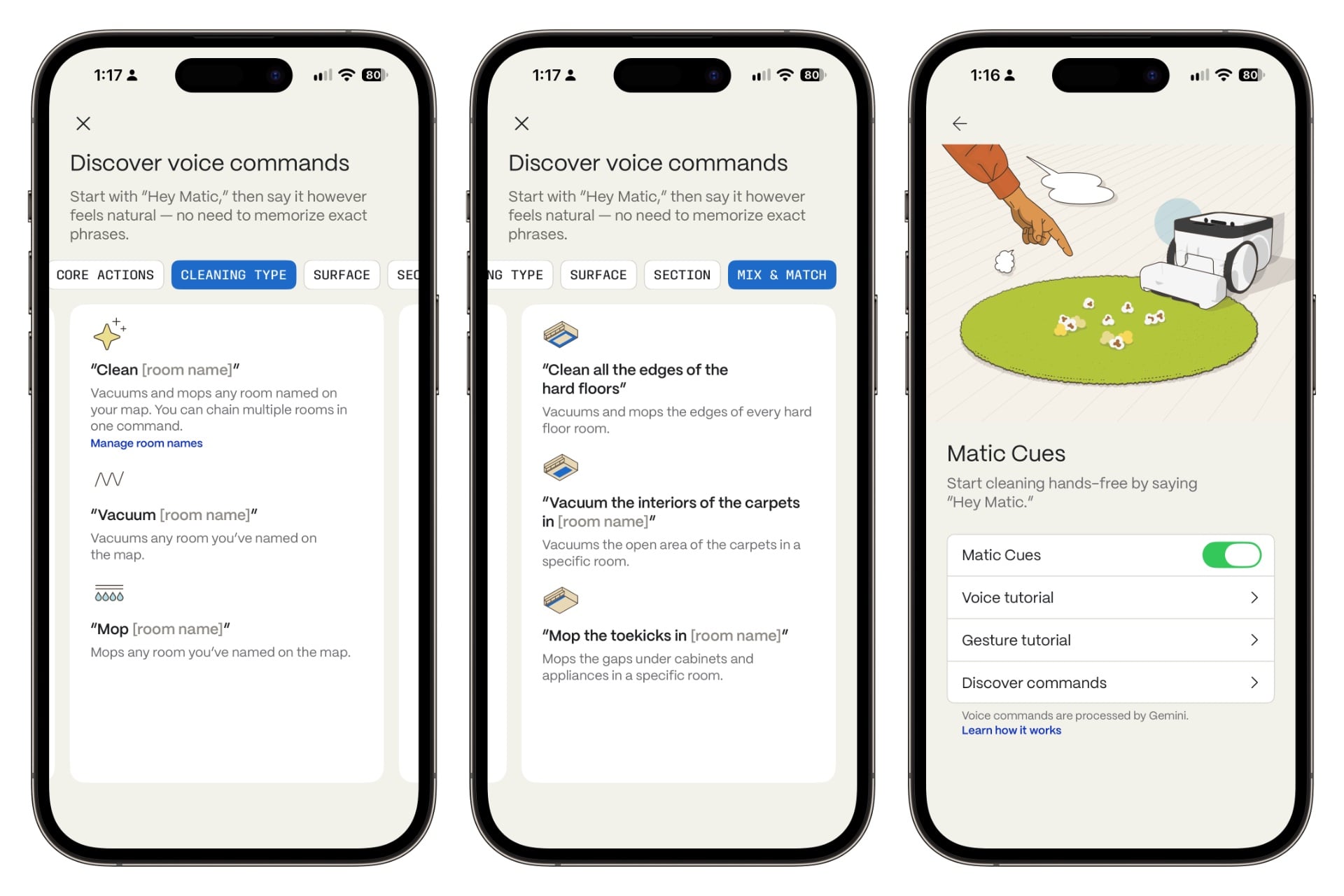 Matic Cues intro screenshots, letting users turn the feature on and explaining the kinds of things they can ask for.