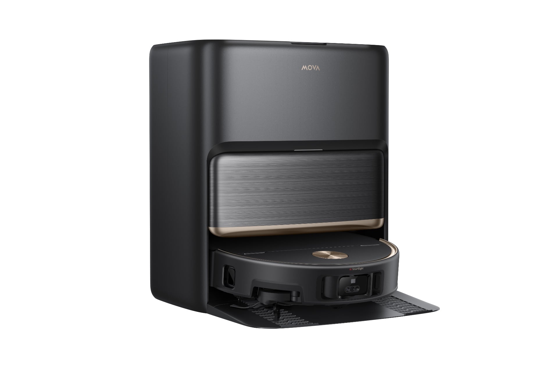 Mova V70 Ultra Complete in its dock, which is black and looks kind of like a mini fridge.