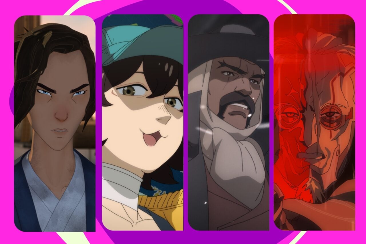 Stills from 'Blue Eye Samurai,' 'Fool Night,' 'Bass X Machina,' and 'Cyberpunk: Edgerunners 2.'