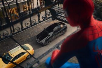 Spider-Man over looking street