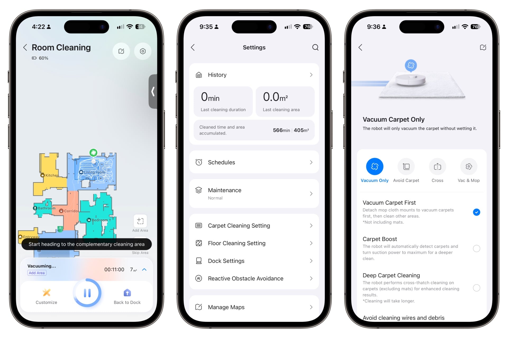 Three screenshots from the Roborock app, showing the home map hwile the robot vacuums, along with two screens of settings.