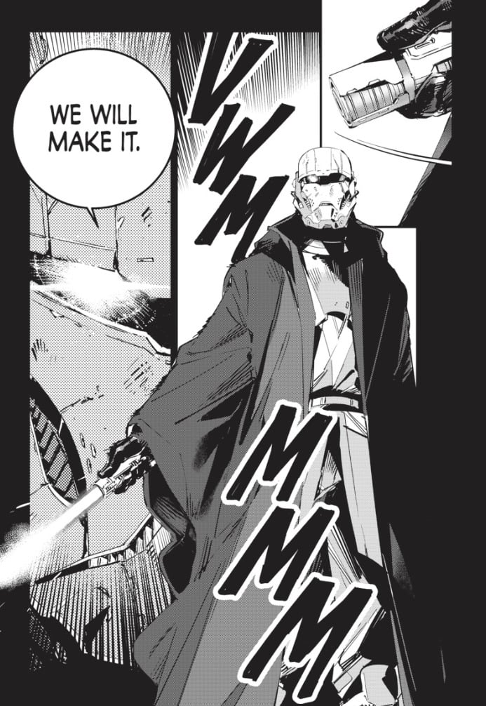 Star Wars Visions Tsukumo manga page of Tsukumo weilding his lightsaber.