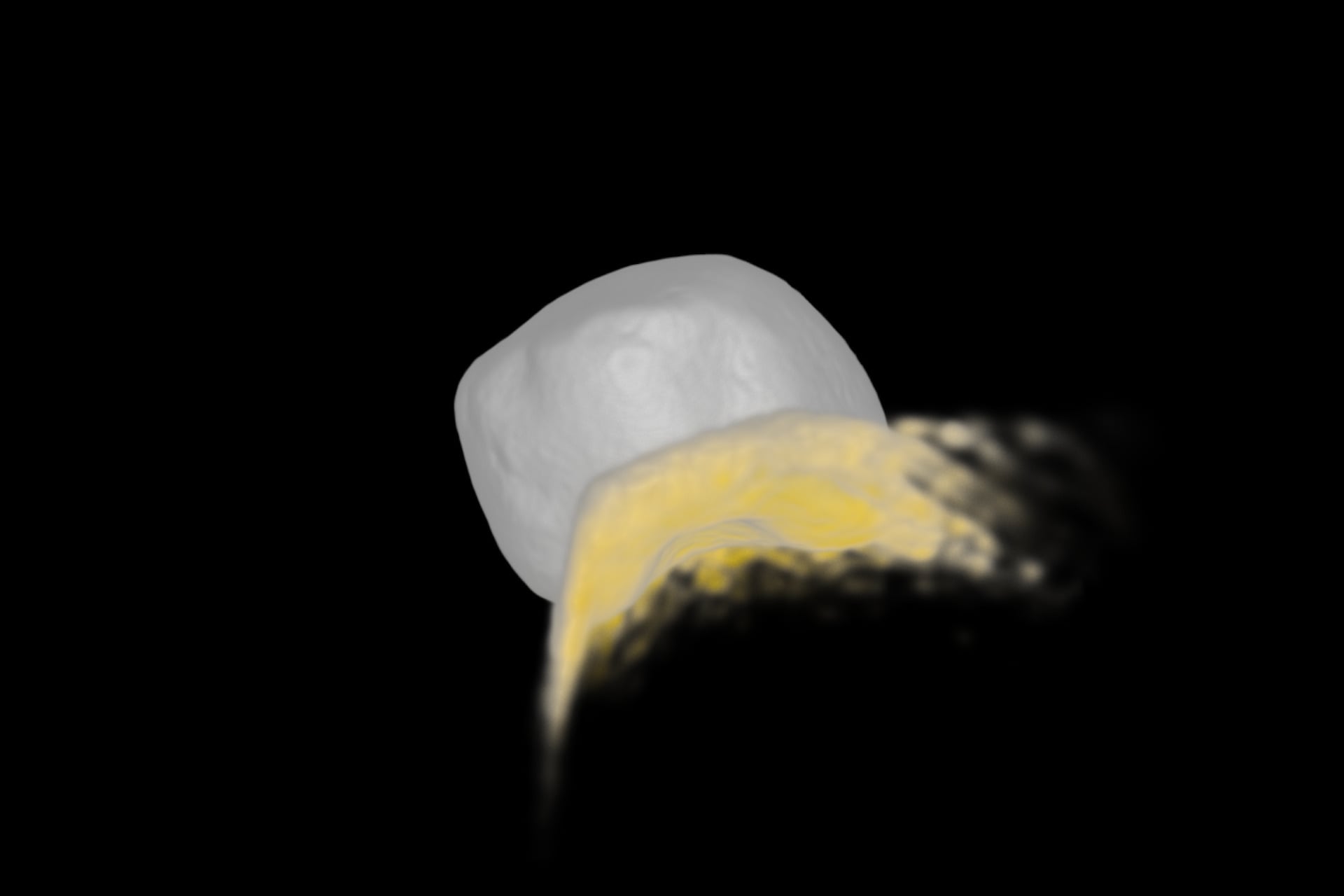 Still from the animation showing modelling of the proposed impact theorised to have created the Deimos south-polar depression and the subsequent reaccumulation of regolith, which would account for the smooth appearance of Deimos. Yellow indicates the reaccumulated material.