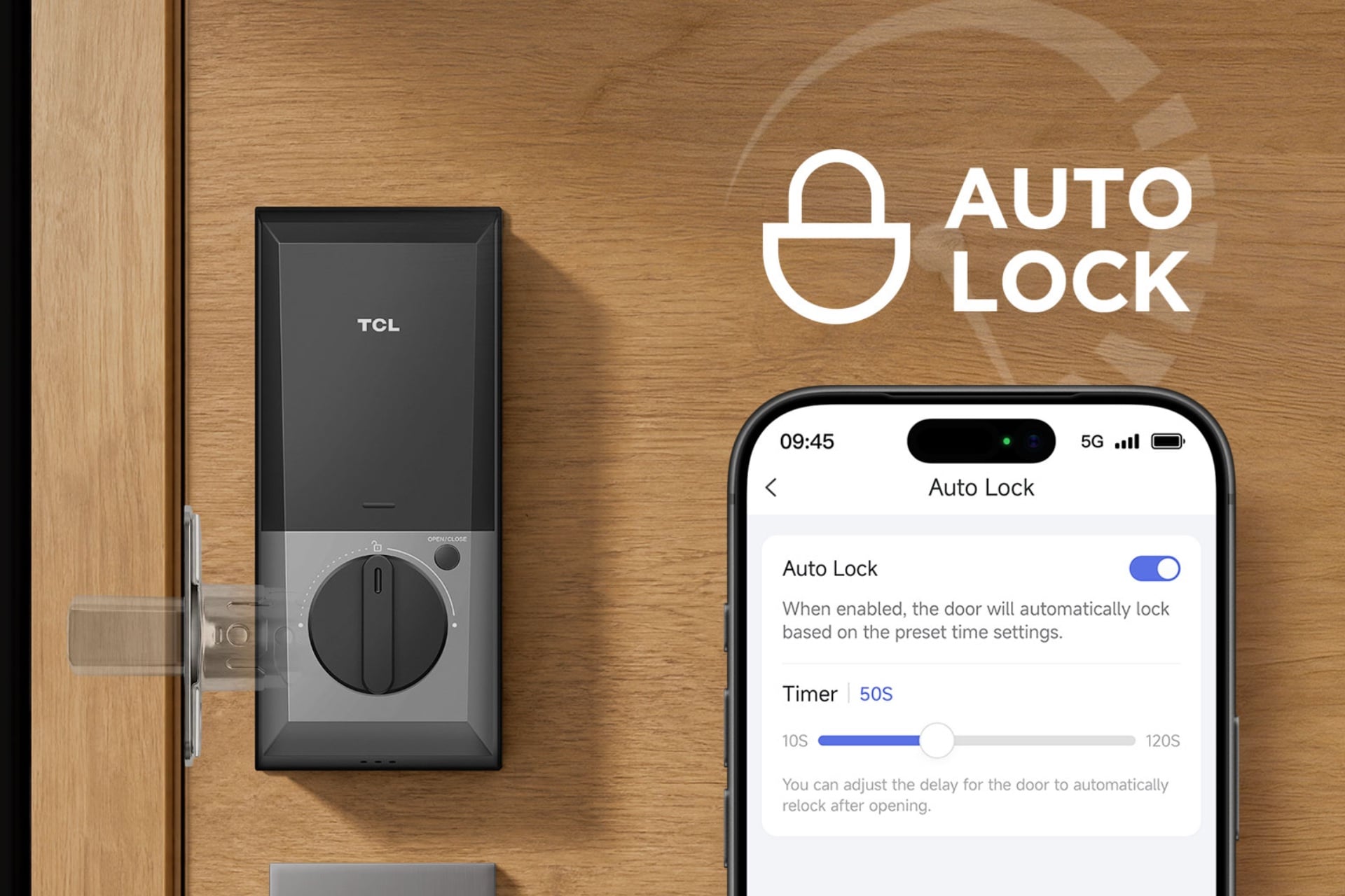 Render showing the interior part of the D2 Pro with Matter and a smartphone, highlighting that you can set it to auto-lock after a custom amount of time.
