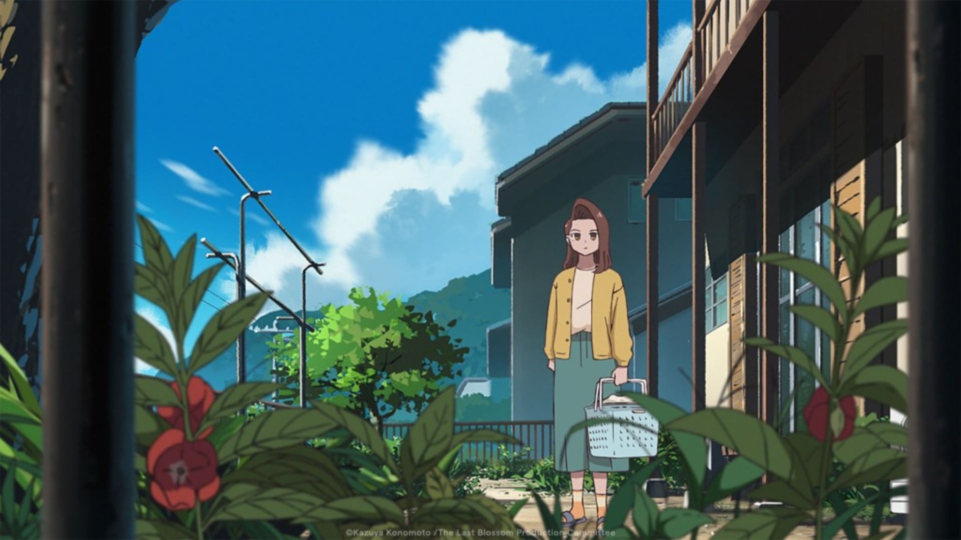 The Last Blossom still of a woman gazing at a yard full of dead plants.