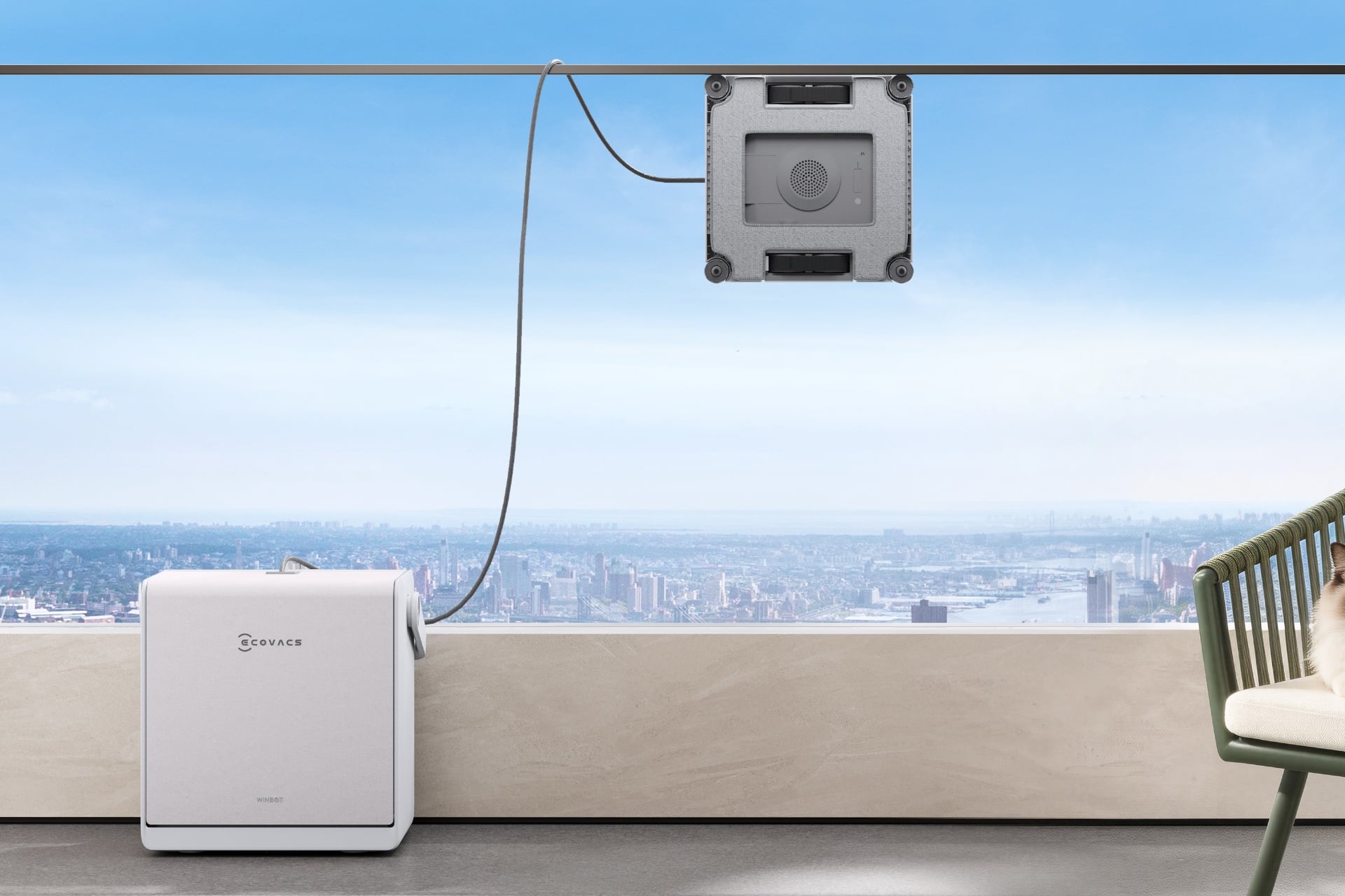 Image of the W2S Pro Omni on a transparent balcony window rail.