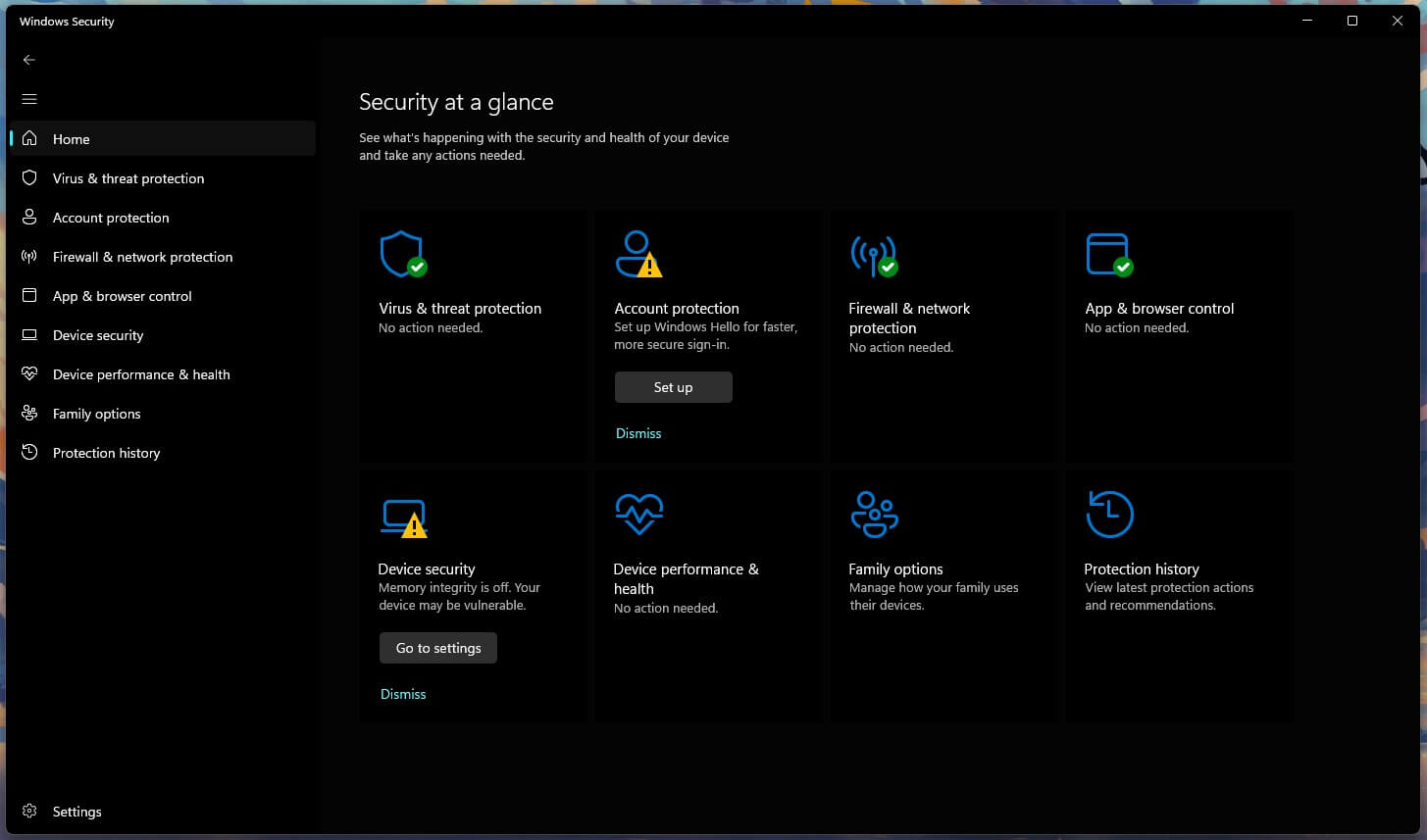 Windows Defender Home Screen