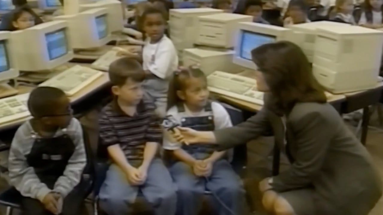 Screenshot from an AI-generated video that depicts kids from the 1990s talking about the future of computers.