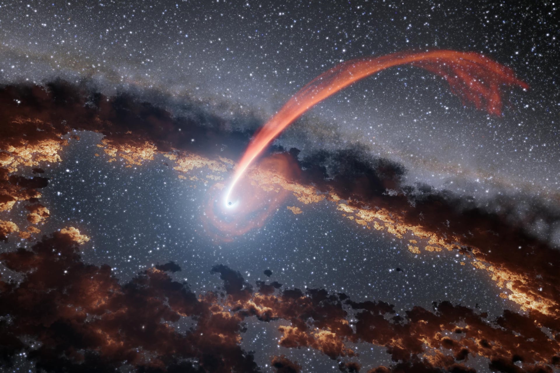 An artist's impression of a glowing stream of material from a star as it is being devoured by a supermassive black hole in a tidal disruption flare.