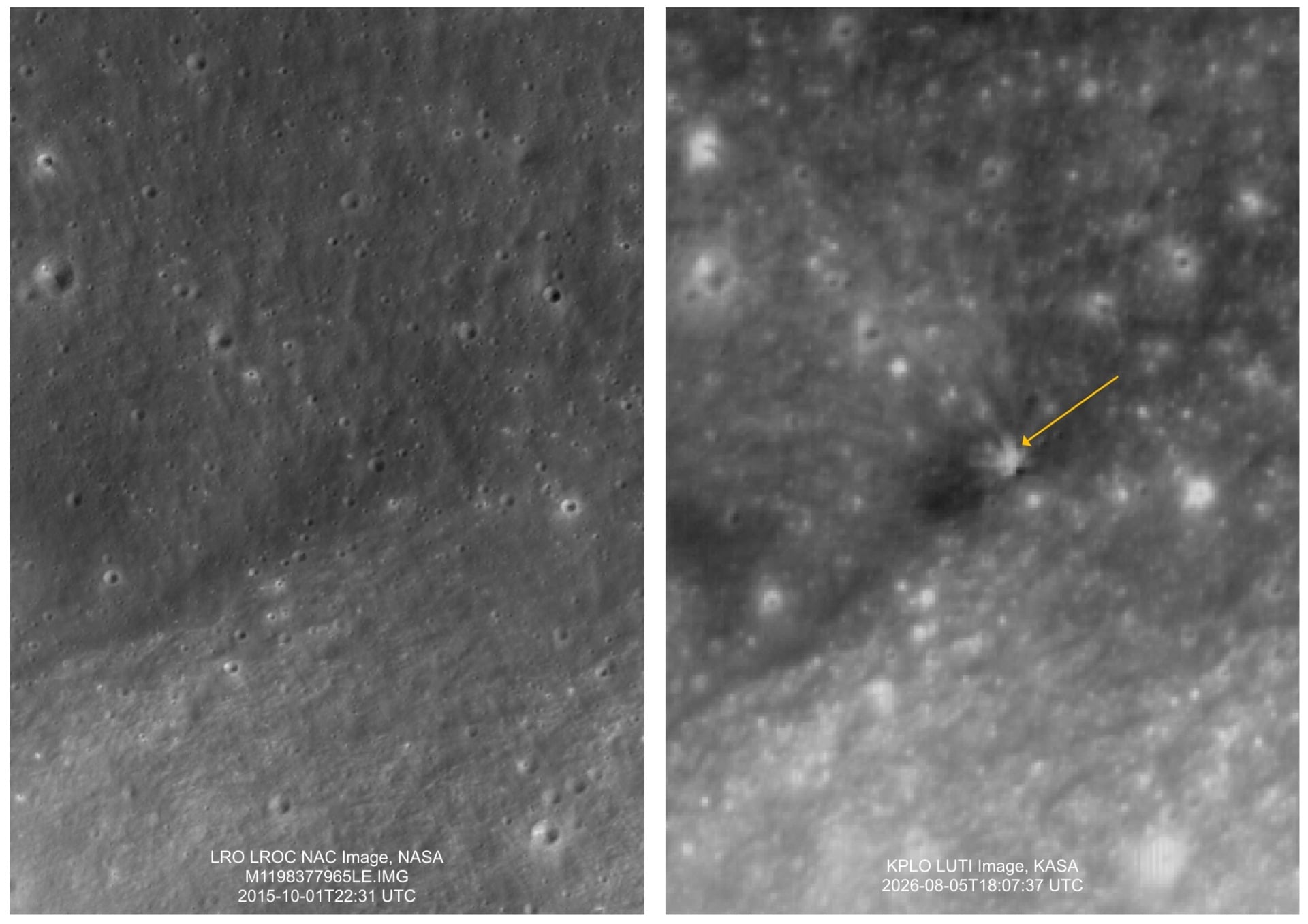 Side-by-side images of the lunar surface captured before and after a Falcon 9 rocket crashed into the Moon, with the after image showing a new dark spot