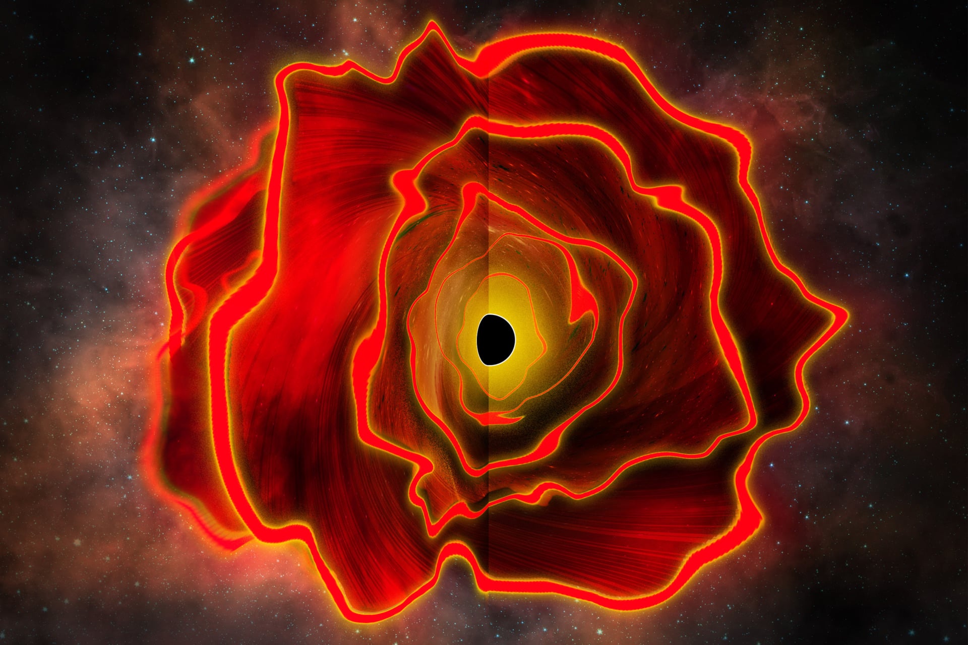 An artist's concept of a black hole star, an extremely bright red spot in the early universe that resembles an enormous star, but its energy production is closer to what a black hole might generate.