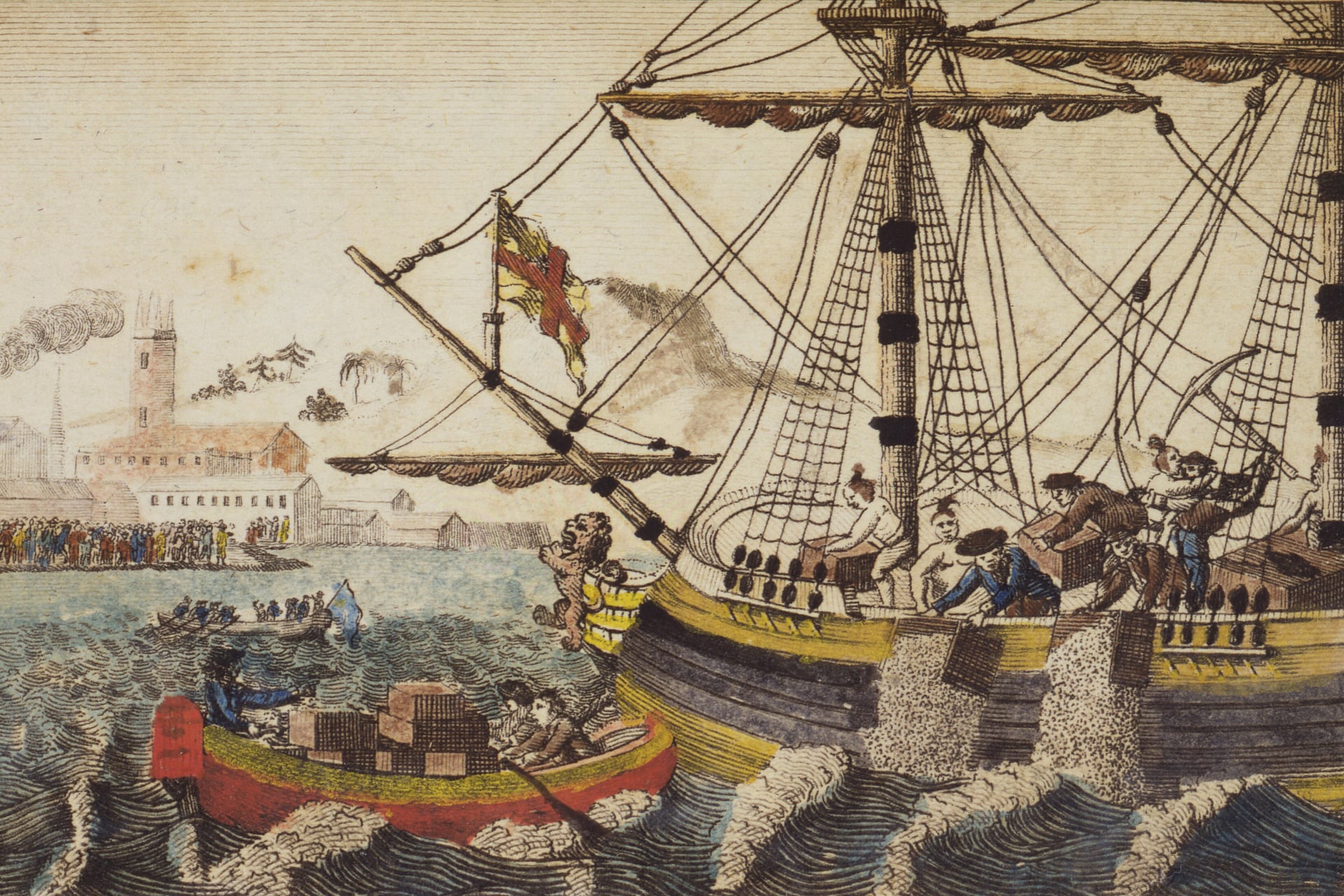 A historical engraving depicting the 1773 Boston Tea Party.