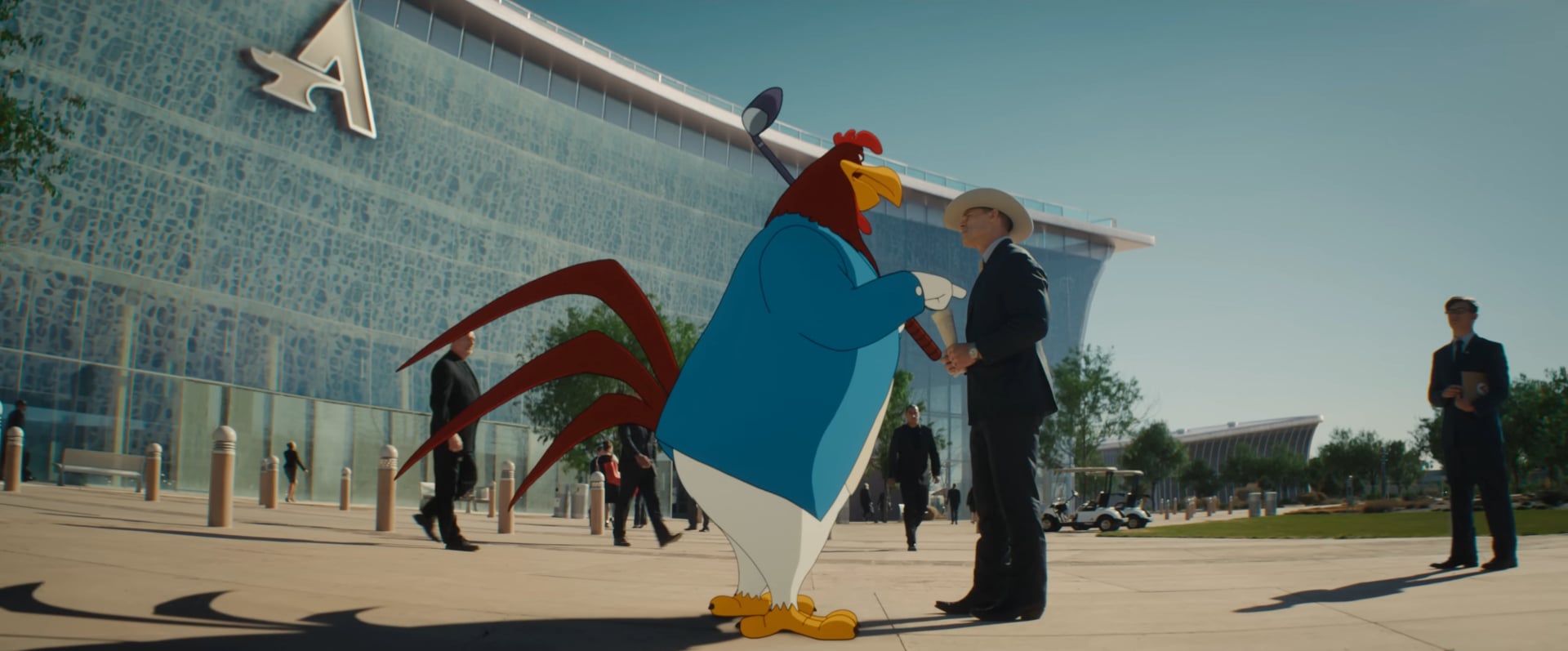 Coyote Vs Acme still of John Cena talking to Foghorn Leghorn.