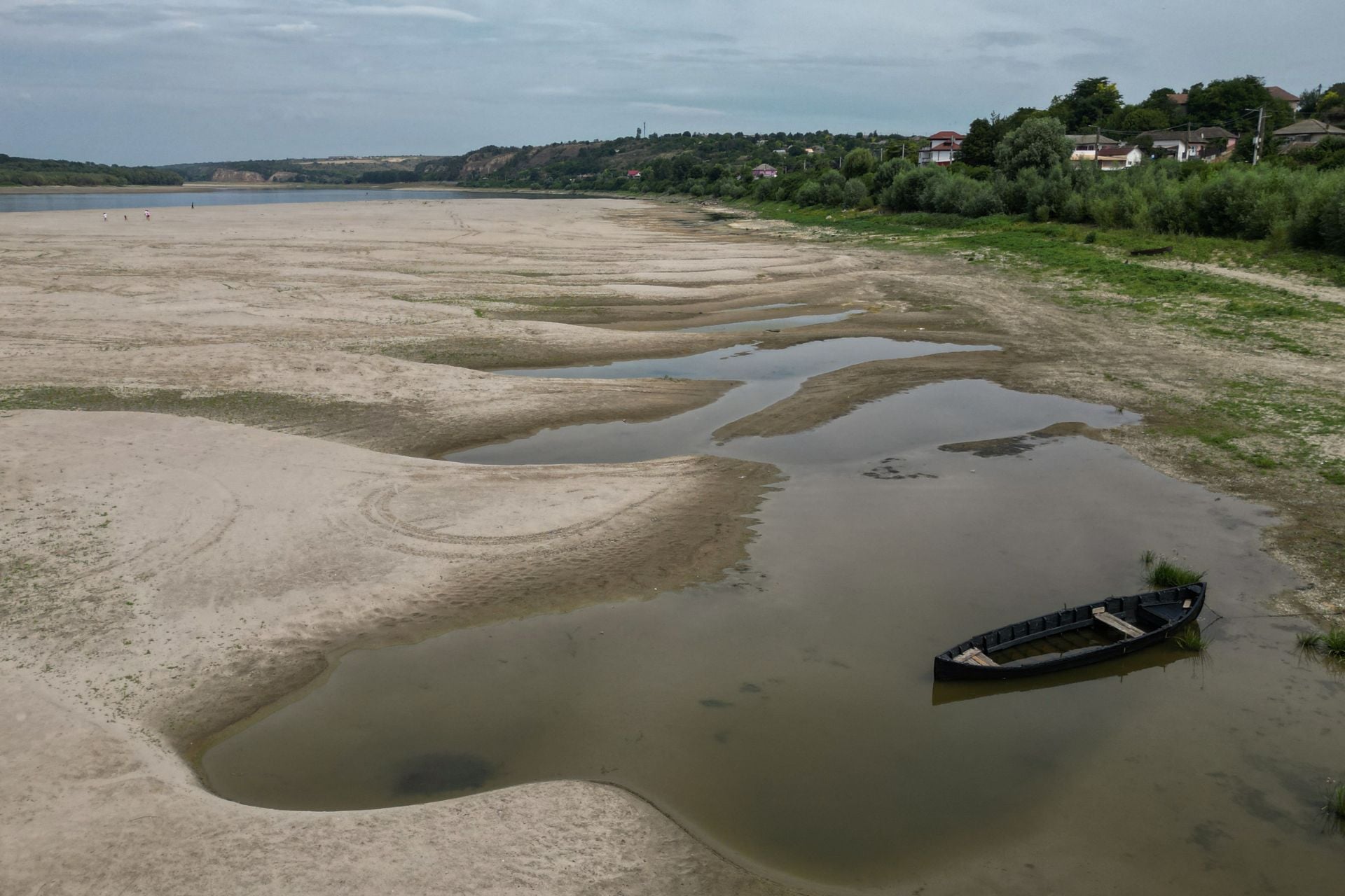 An aerial view shows a dried-out river bed of Danube in Rasova village August 3, 2026.