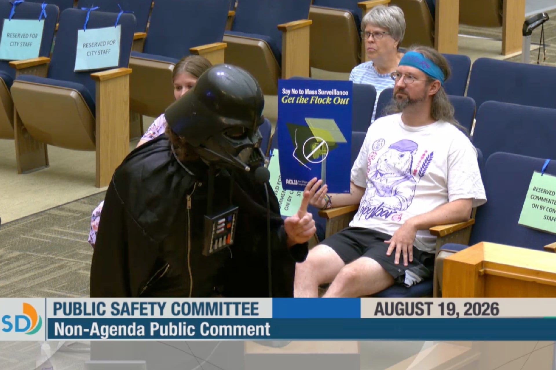 A man dressed as Darth Vader speaks in favor of Flock Safety surveillance at a City Council meeting in San Diego, California, on Aug. 19, 2026.