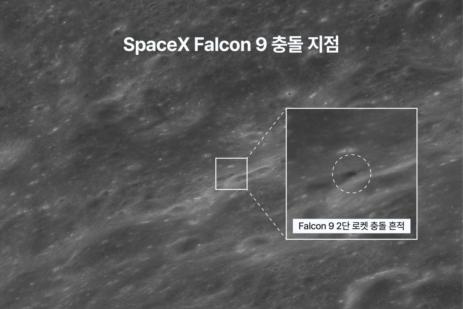 The SpaceX Falcon 9 impact site, imaged by the Korea AeroSpace Administration's Danuri lunar satellite.