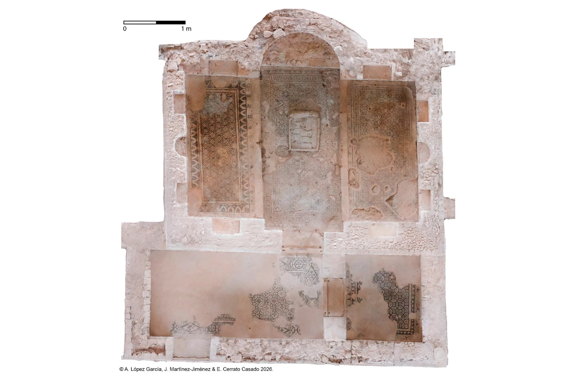 Photogrammetric model of the Fuente Álamo library showing the apse, the rectangular and semicircular niches, and the adjoining anterooms.