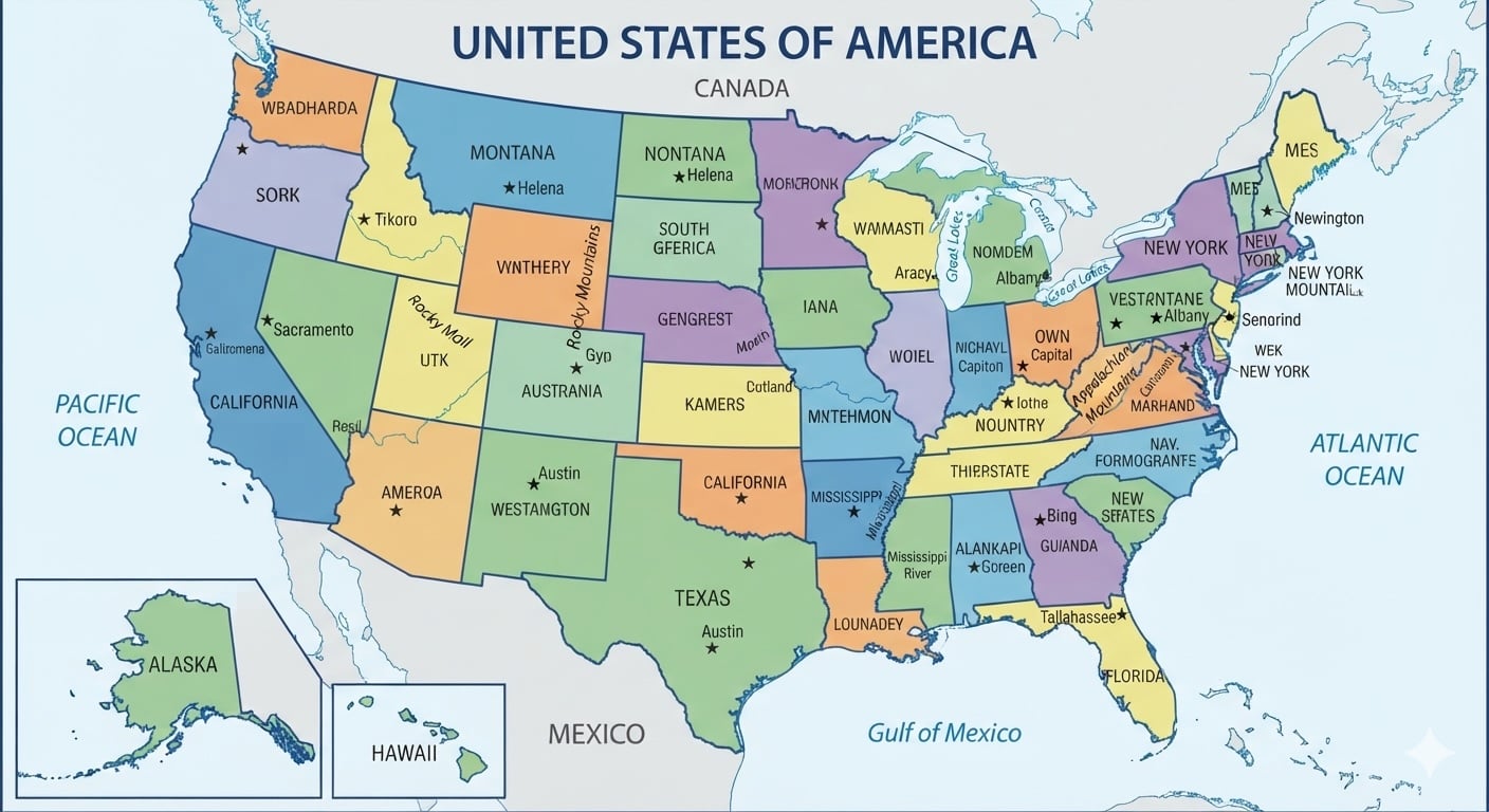 A map of the U.S. labeled with gibberish nonsense, created using Google's Gemini on Aug. 18, 2026.