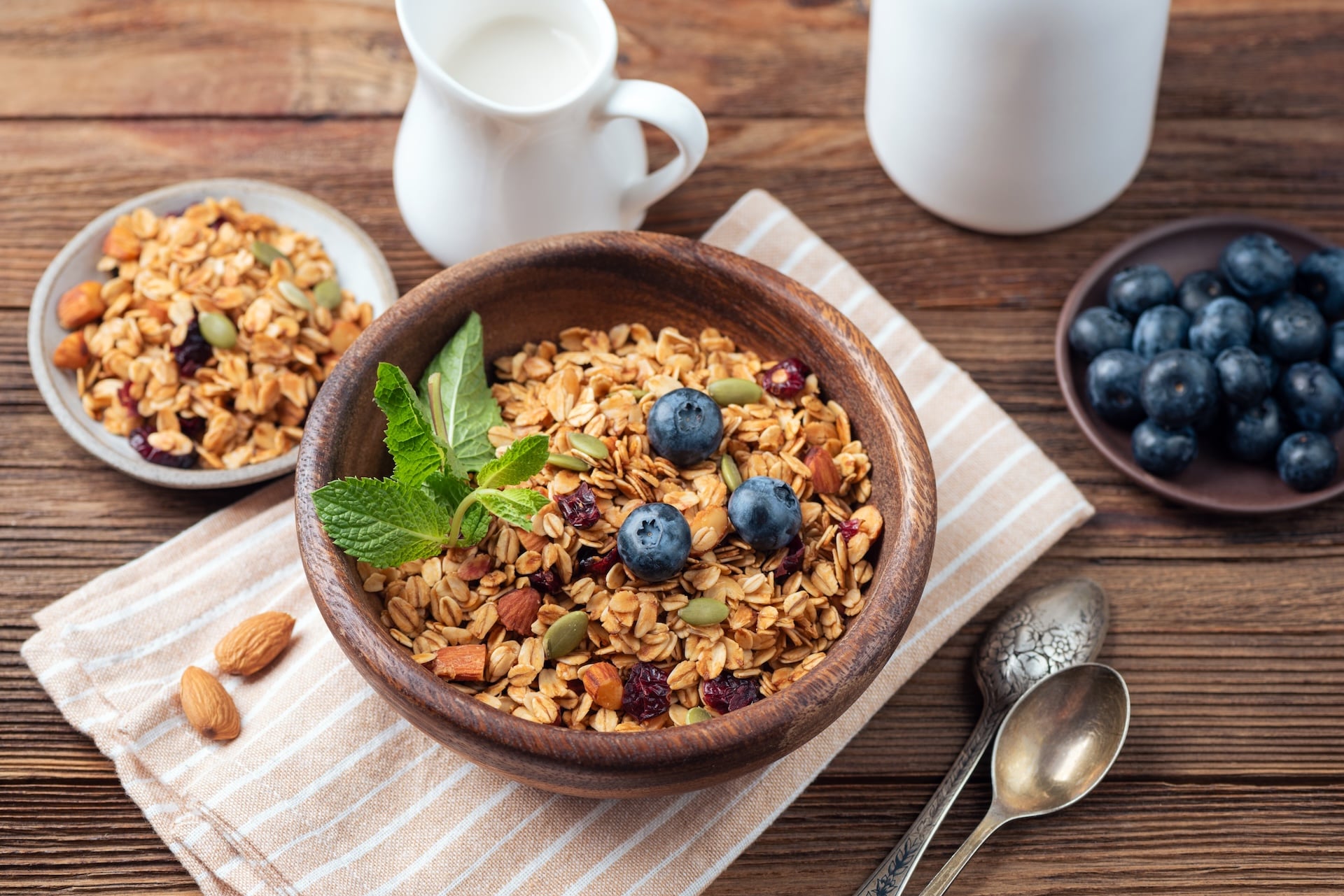Oat Granola With Nuts, Seeds In Wooden Bowl. Healthy Food, Multigrain Snack