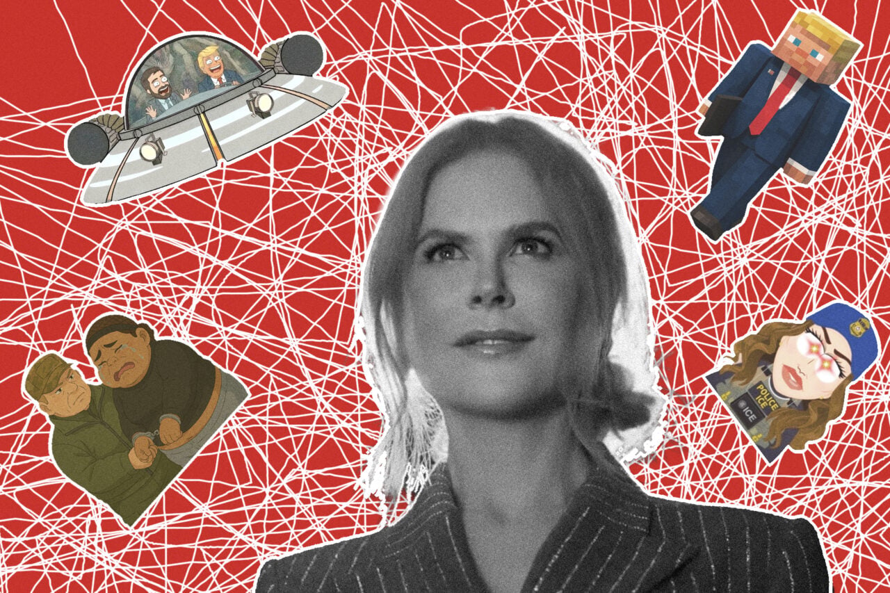 Nicole Kidman surrounded by maga-fied cultural icons like Rick and Morty and South Park.