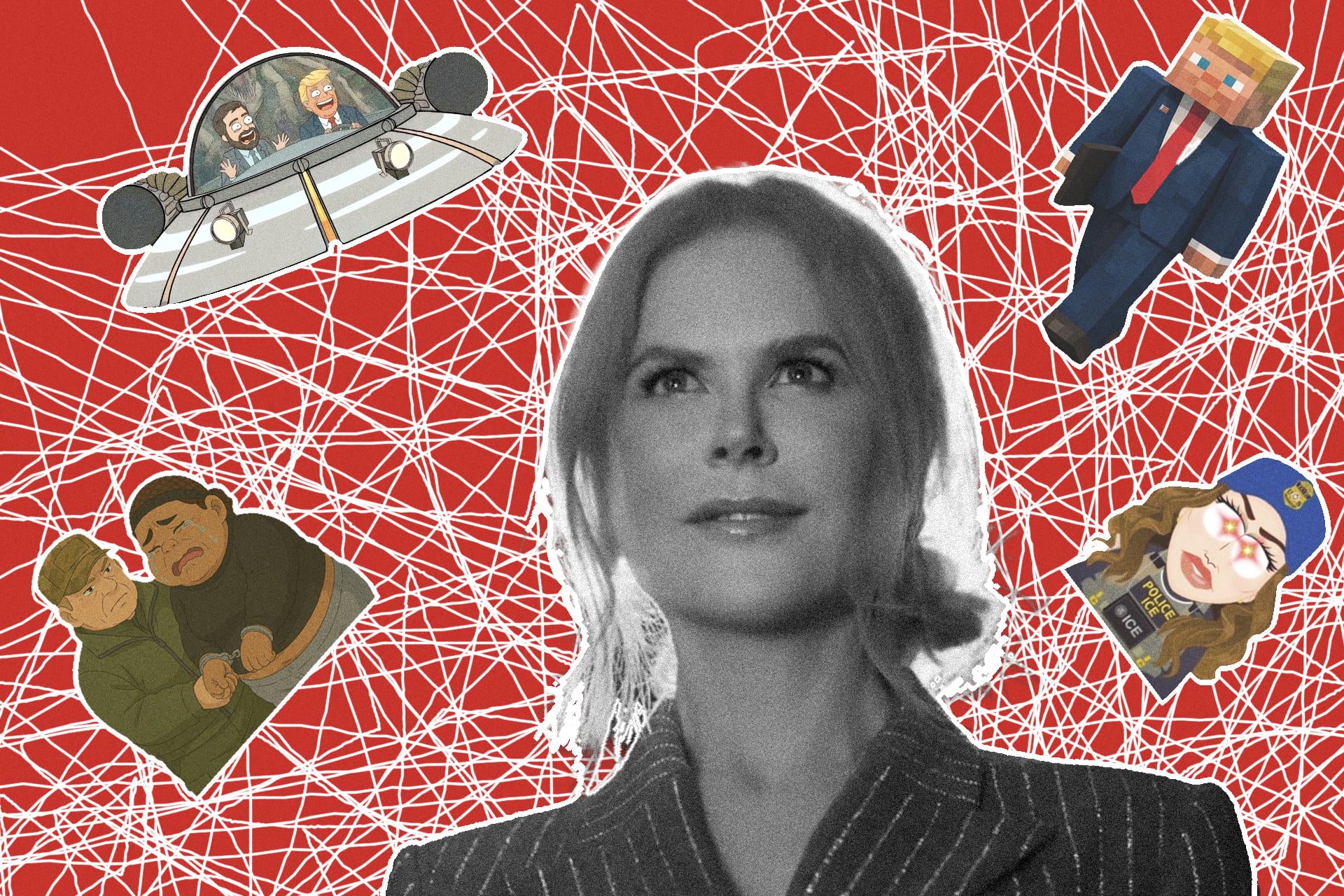 Nicole Kidman surrounded by maga-fied cultural icons like Rick and Morty and South Park.