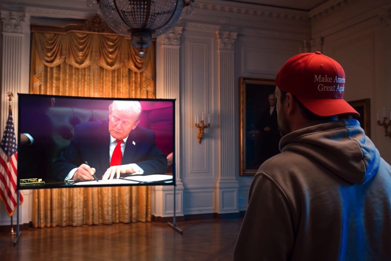 Image from Trump's AI slop video parodying AMC ads. MAGA fan watches video in the White House.