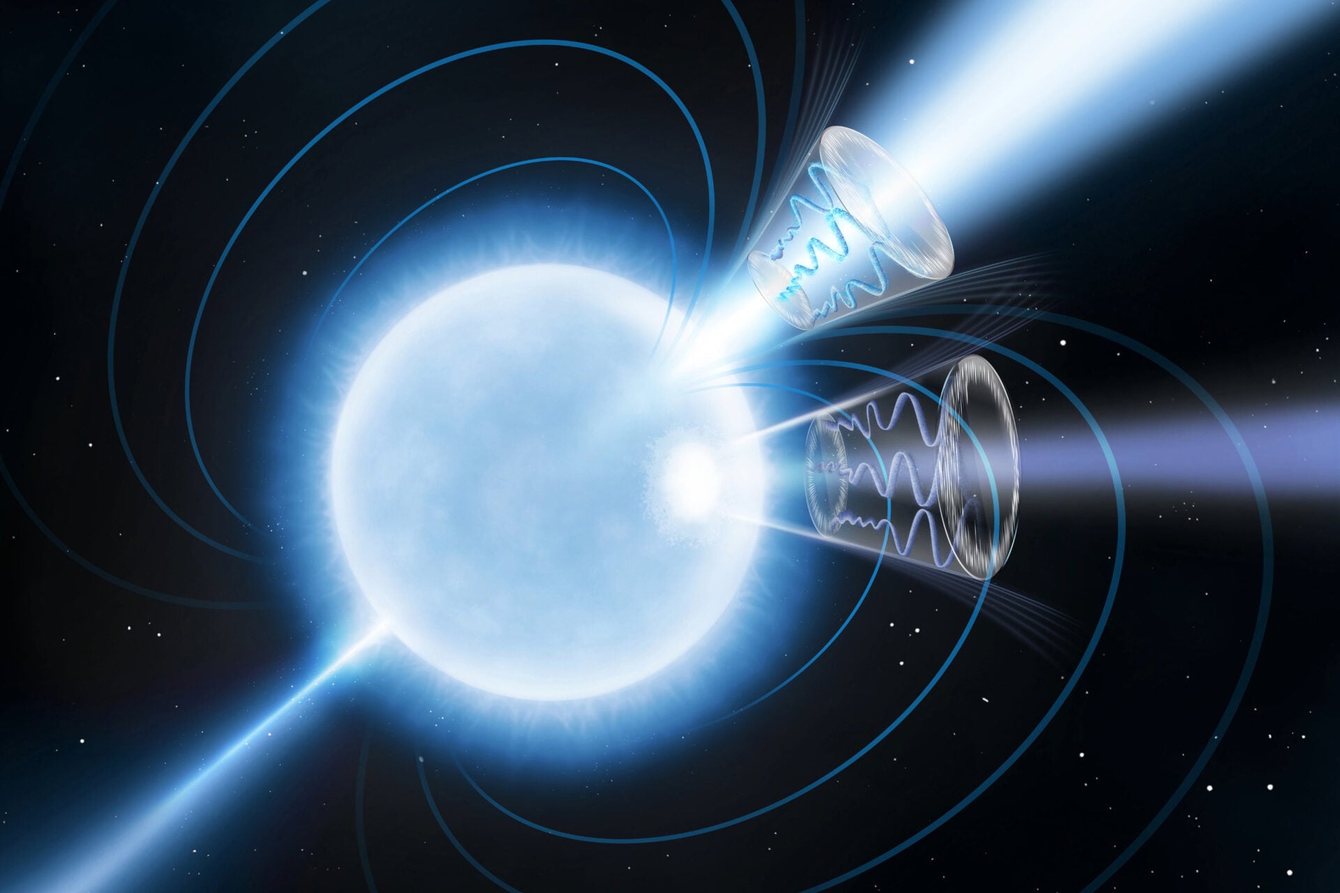 An artist's concept of the magnetar 1E 1547.0-5408, a rapidly rotating neutron star with magnetic fields over a trillion times stronger than Earth’s