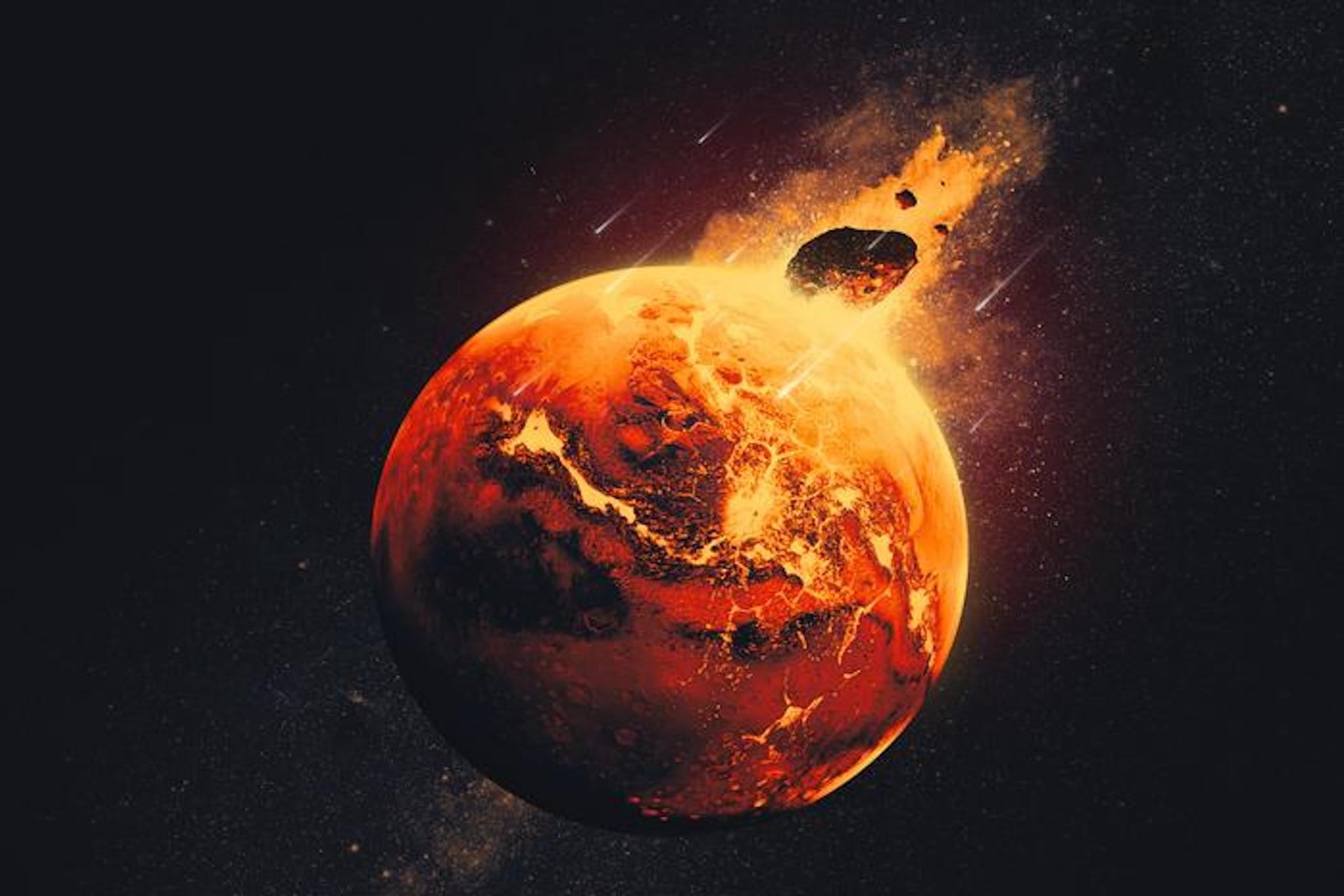 An artist's depiction of giant impacts that occurred on Mars 4.5 billion years ago.