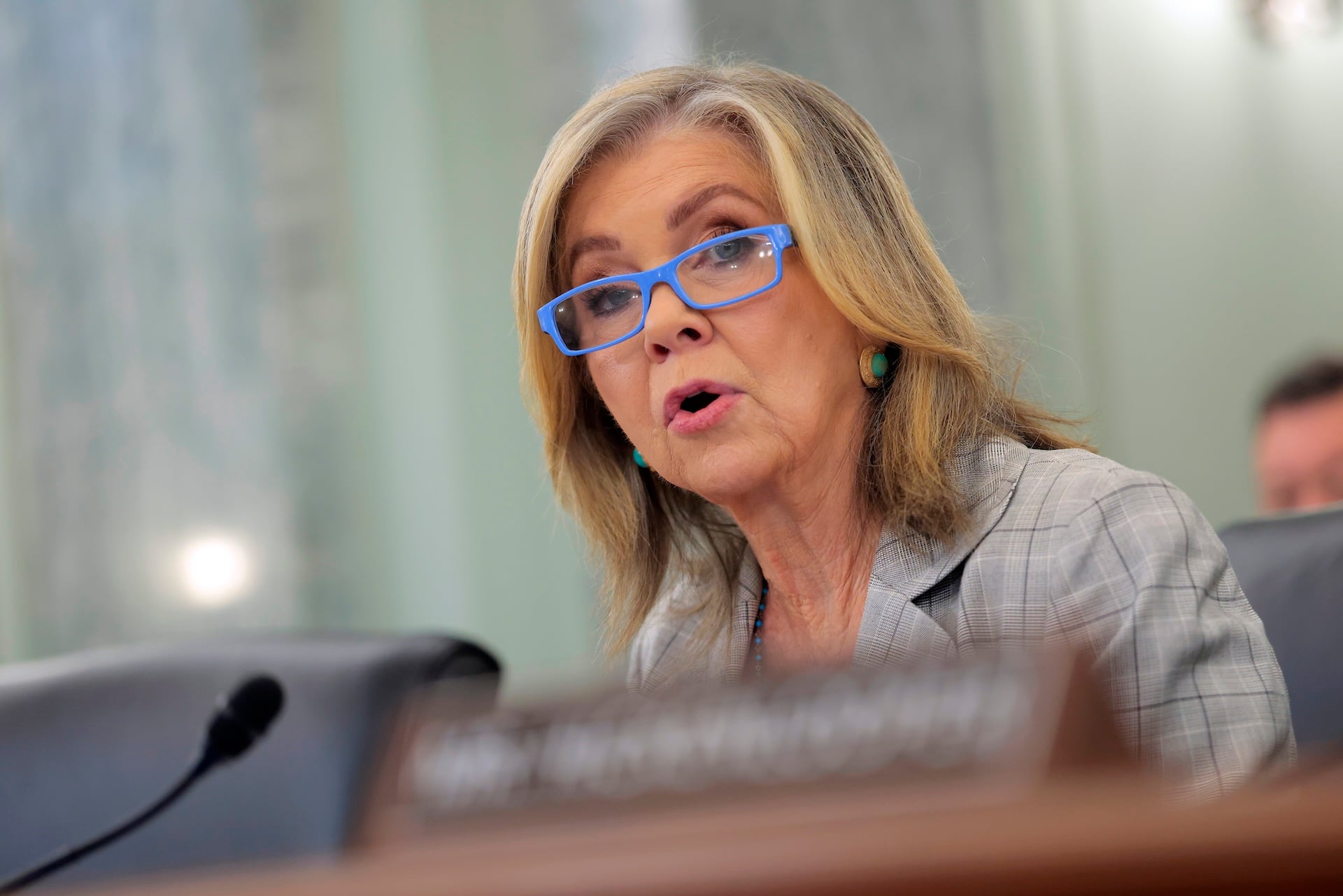 Chairman of the Senate Commerce, Science, and Transportation Subcommittee on Consumer Protection, Technology, and Data Privacy Sen. Marsha Blackburn (R-TN) speaks during a hearing at the U.S. Capitol on May 20, 2026 in Washington, DC. 
