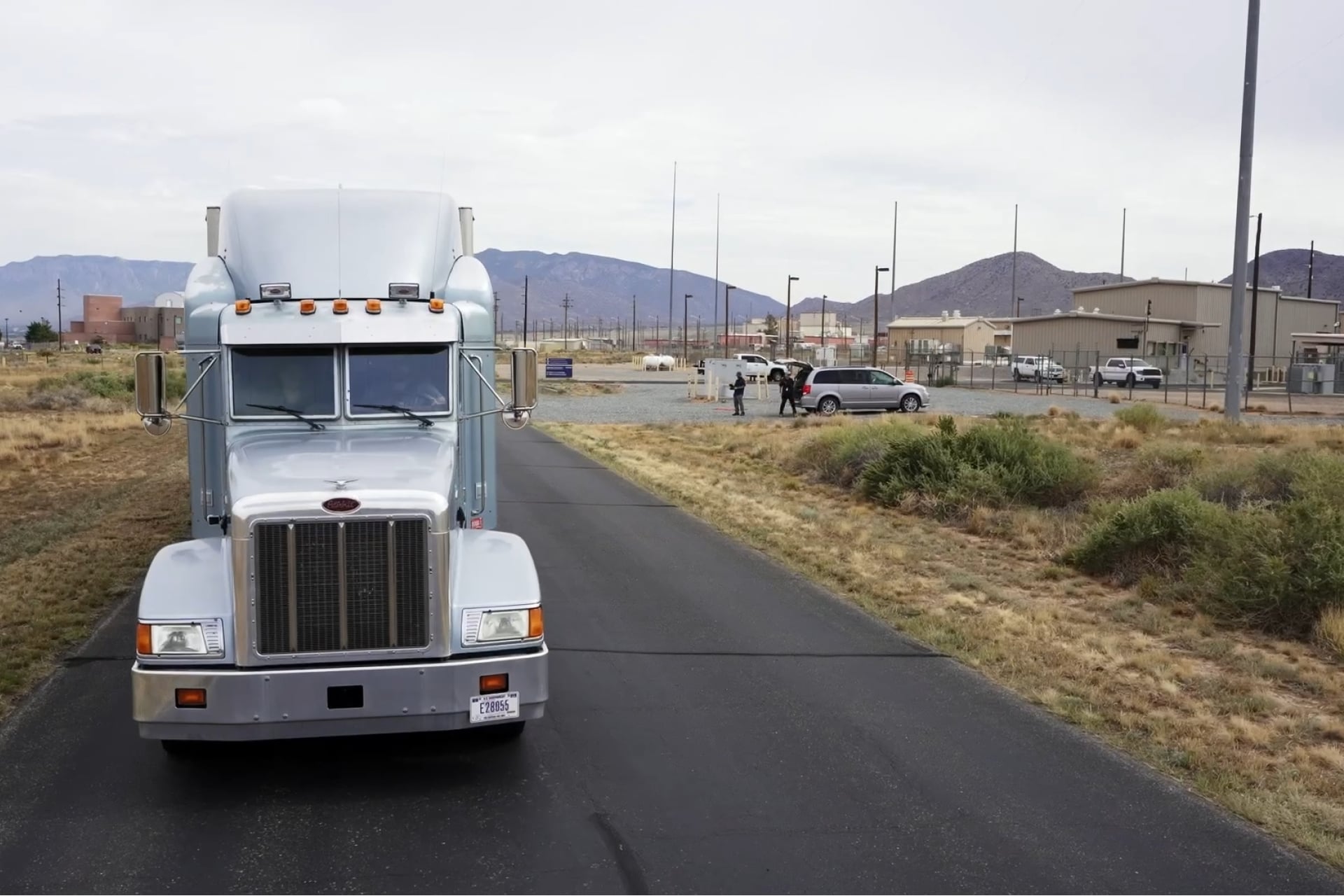 The second prototype of the Mobile Guardian Transporter test vehicle arrives at the sled track facility at Sandia National Laboratories for a head-on crash. 