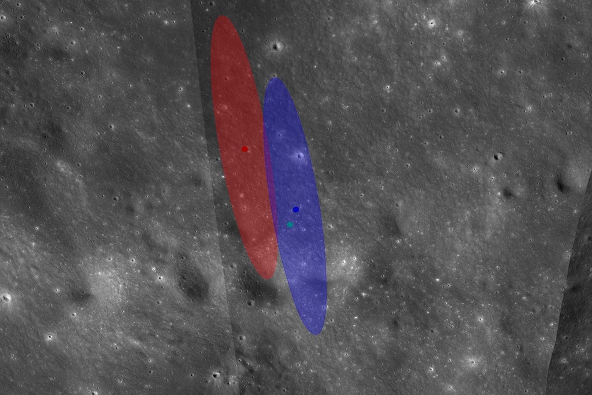 This image from NASA’s Lunar Reconnaissance Orbiter shows two oval regions where the Falcon 9 upper stage was likely to impact the Moon, based on calculations by engineers with NASA’s Center for Near Earth Object Studies. Both ellipses are 2.1 miles long and 0.4 miles wide. Both predictions use the same booster-trajectory calculations, but only the blue ellipse takes into account the lunar terrain. The red and blue dots show predicted impact locations, whereas the cyan dot shows the actual impact site.