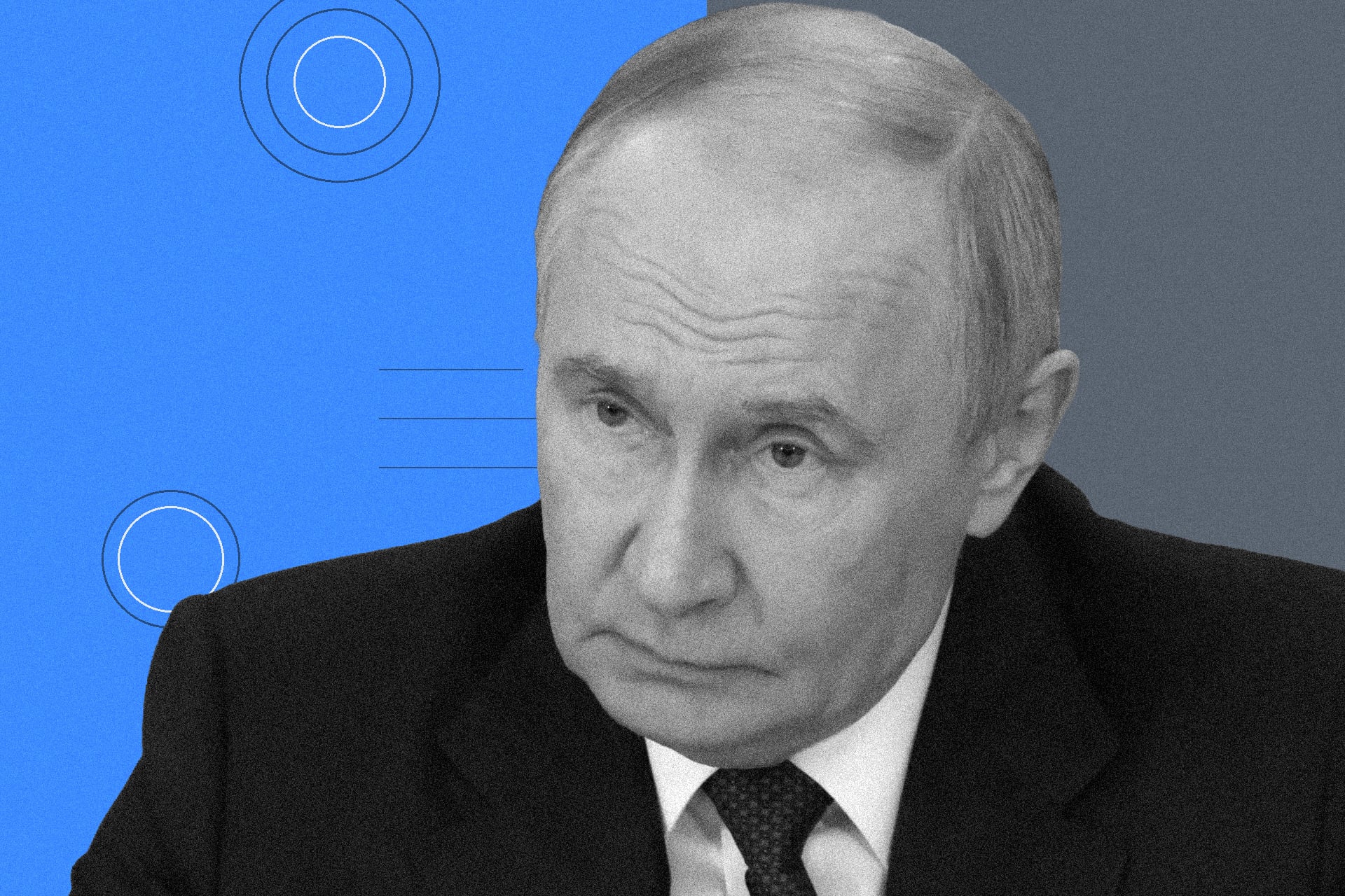 Vladimir Putin seen looking stern against a two-color background