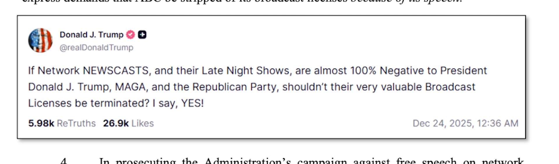 President Donald Trump's tweet, as it appears in a lawsuit brought by ABC on Aug. 18, 2026.