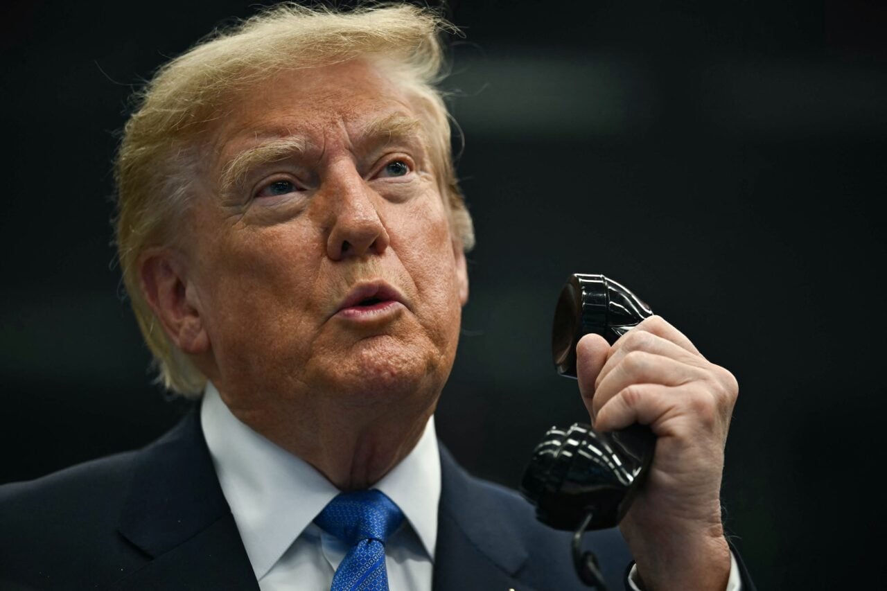 President Donald Trump talks on the phone with crew members of the International Space Station (ISS) at Mission Control Center at NASA Lyndon B. Johnson Space Center in Houston, Texas, on August 28, 2026.