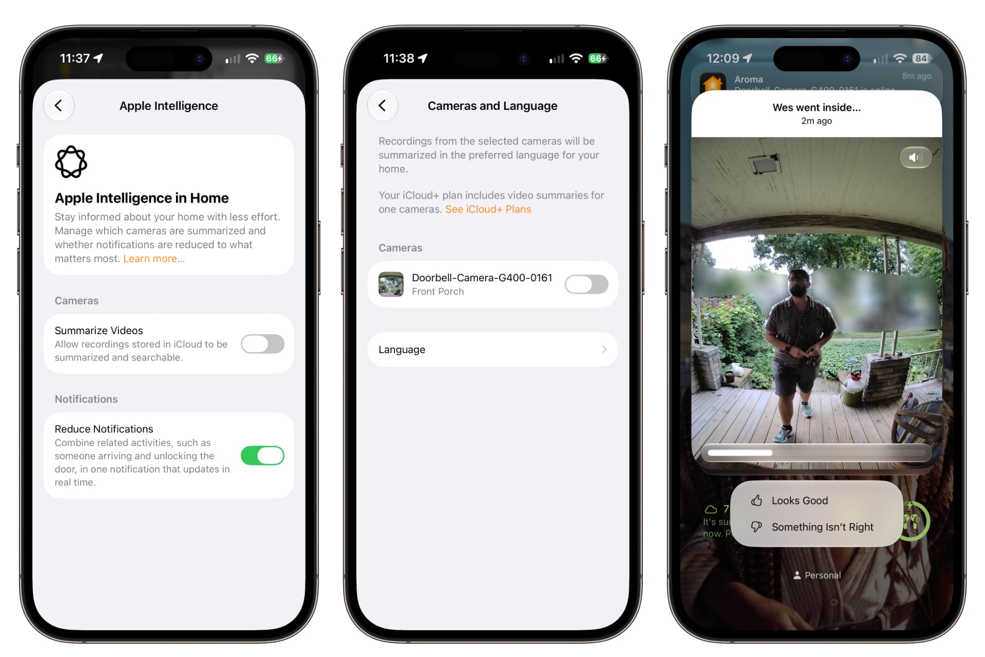Three screenshots showing the Apple Intelligence AI feature toggles and a notification summary showing a person approaching a door with a banner above the image reading "Wes went inside..."