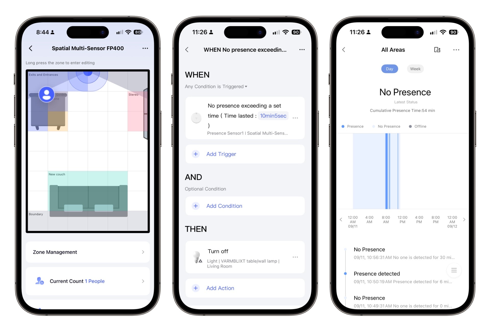 Three screenshots showing the Aqara app's sensor map, automation workflow, and a history of person detection in a given space, as represented by dark blue lines on a timeline.