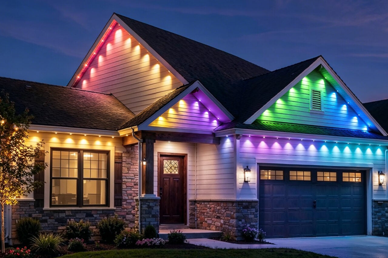 Aqara Permanent Outdoor Lights H1 shown lighting up a home with a rainbow of color.