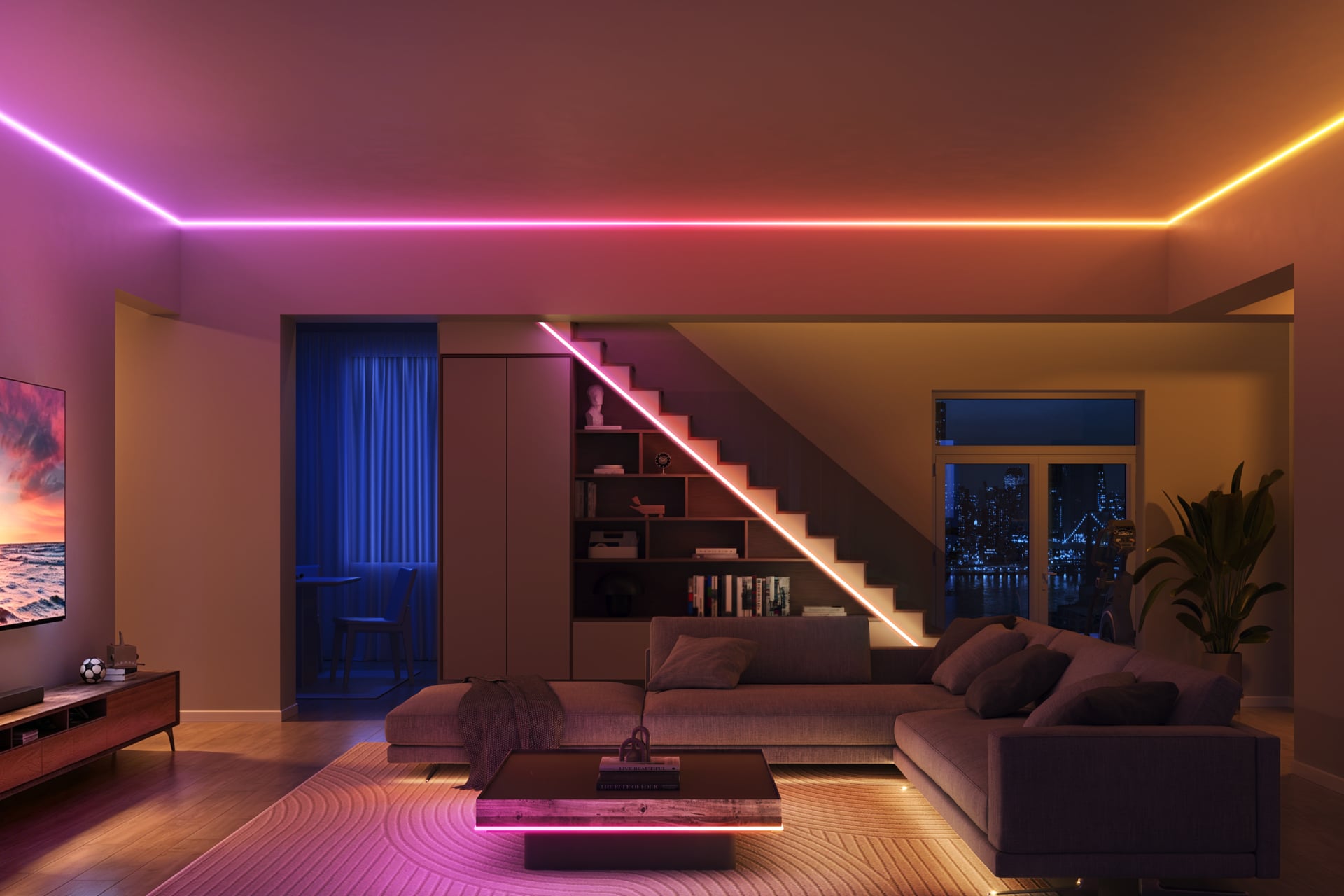 Image showing the COB Strip Light 2 Pro installed along the edge of a ceiling and other parts of a room.