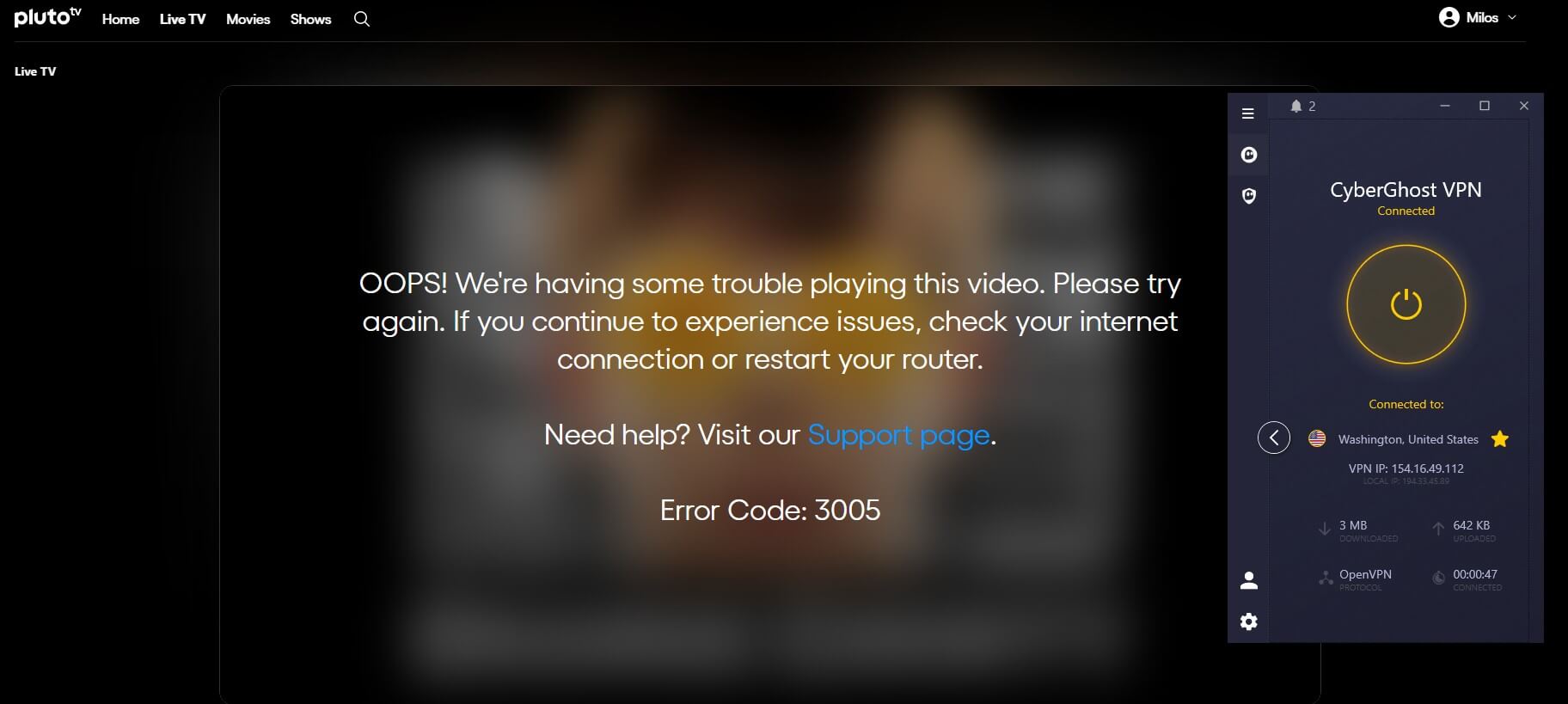 Cyberghost Pluto Tv Error
